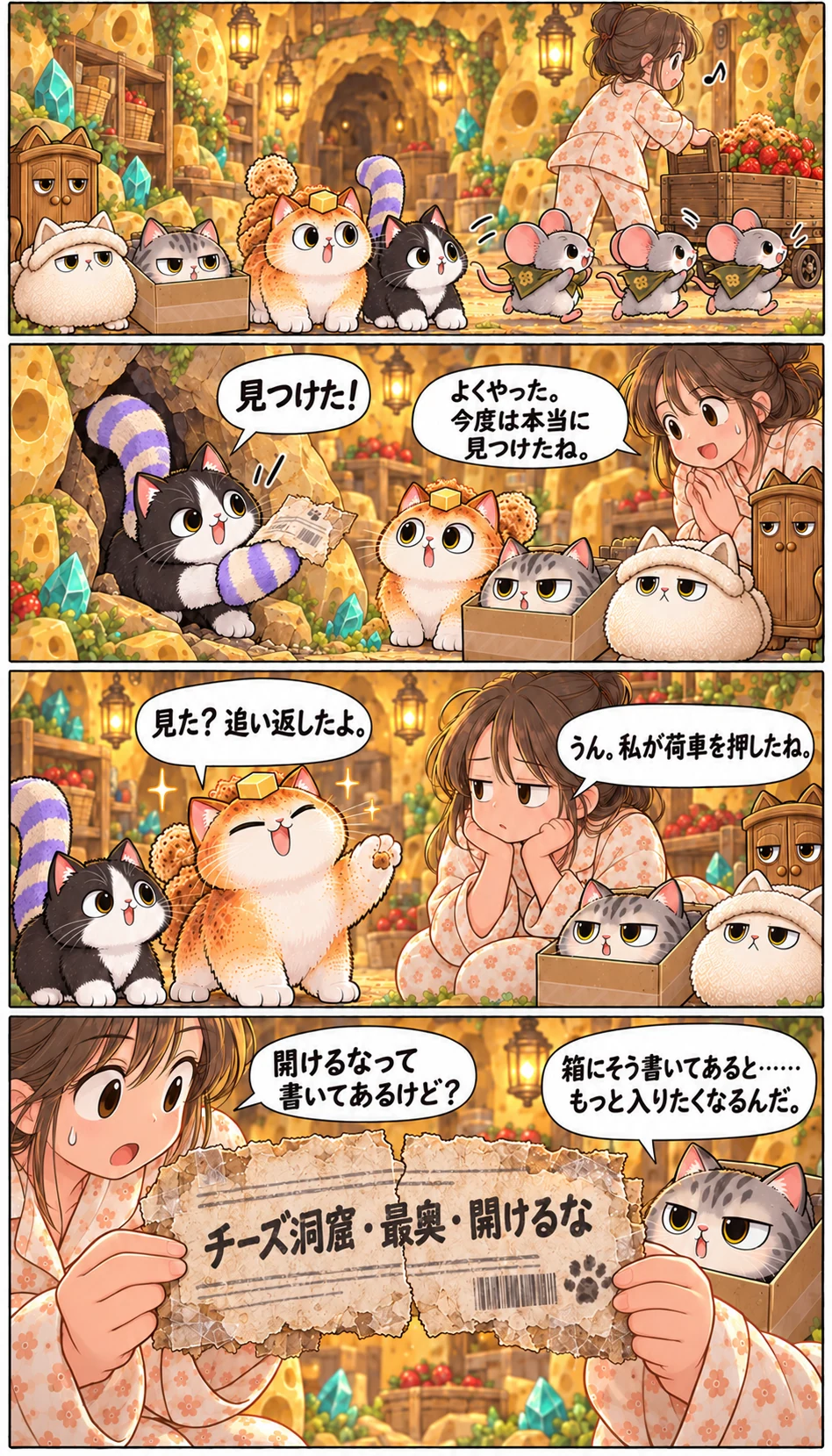 見つけた! よくやった。今度は本当に見つけたね。 見た? 追い返したよ。 うん。私が荷車を押したね。 チーズ洞窟 · 最奥 · 開けるな 開けるなって書いてあるけど? 箱にそう書いてあると……もっと入りたくなるんだ。