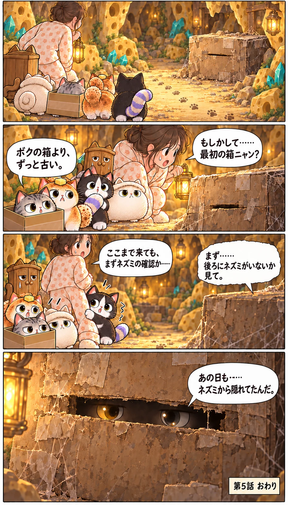 ボクの箱より、ずっと古い。 もしかして……最初の箱ニャン? まず……後ろにネズミがいないか見て。 ここまで来ても、まずネズミの確認か…… あの日も……ネズミから隠れてたんだ。 第5話 おわり