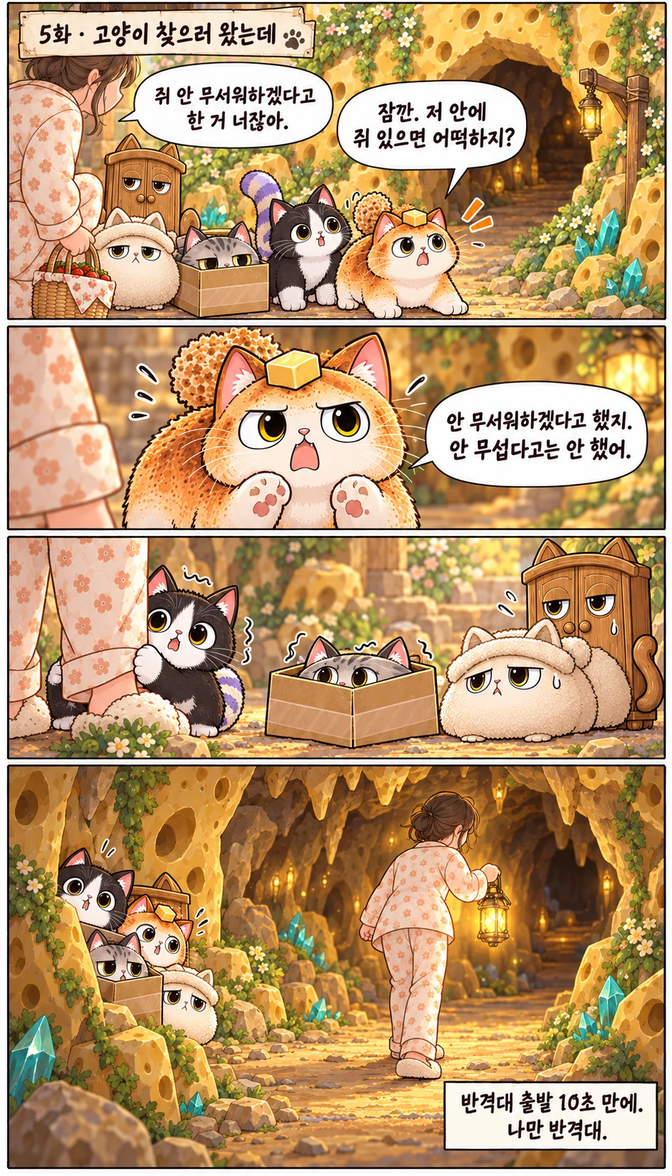 5화 · 고양이 찾으러 왔는데 잠깐. 저 안에 쥐 있으면 어떡하지? 쥐 안 무서워하겠다고 한 거 너잖아. 안 무서워하겠다고 했지. 안 무섭다고는 안 했어. 반격대 출발 10초 만에. 나만 반격대.