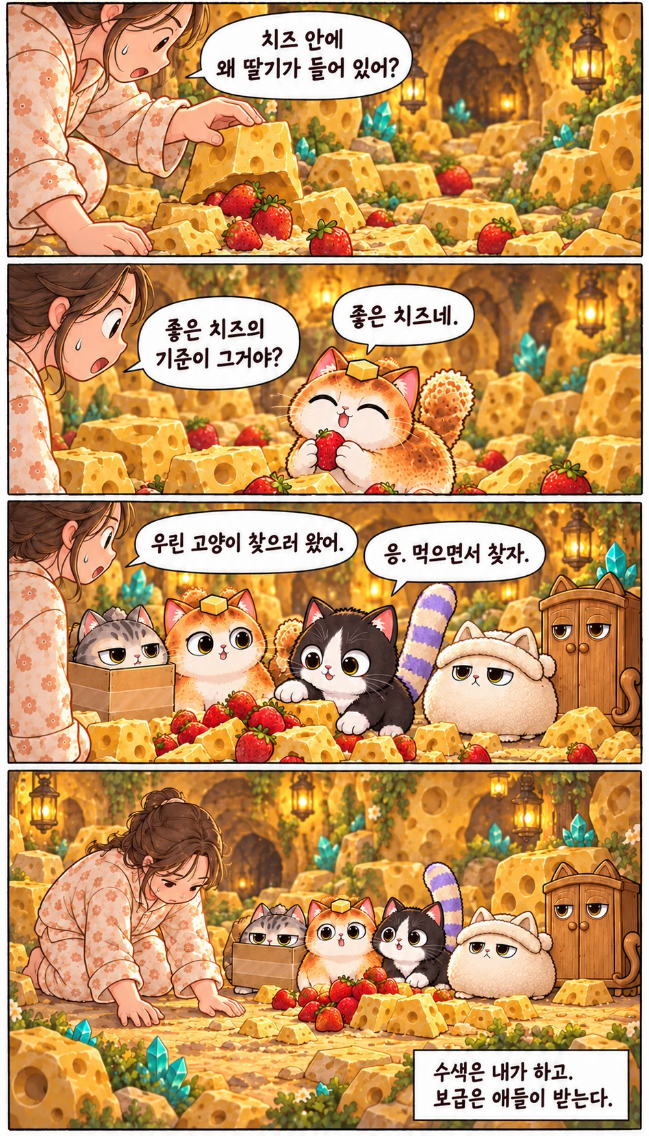 치즈 안에 왜 딸기가 들어 있어? 좋은 치즈네. 좋은 치즈의 기준이 그거야? 우린 고양이 찾으러 왔어. 응. 먹으면서 찾자. 수색은 내가 하고. 보급은 얘들이 받는다.