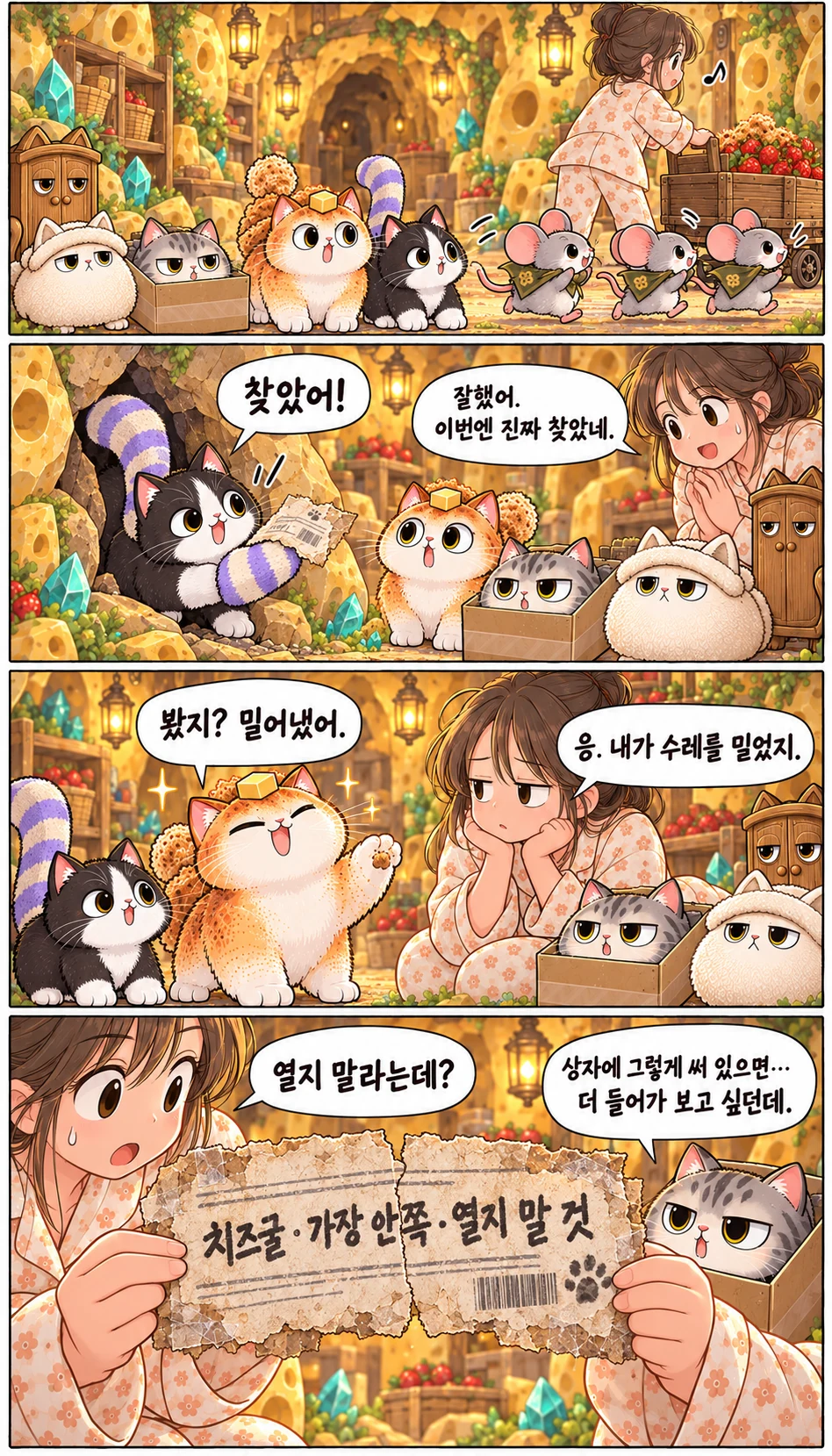 찾았어! 잘했어. 이번엔 진짜 찾았네. 봤지? 밀어냈어. 응. 내가 수레를 밀었지. 치즈굴 · 가장 안쪽 · 열지 말 것 열지 말라는데? 상자에 그렇게 써 있으면… 더 들어가 보고 싶던데.