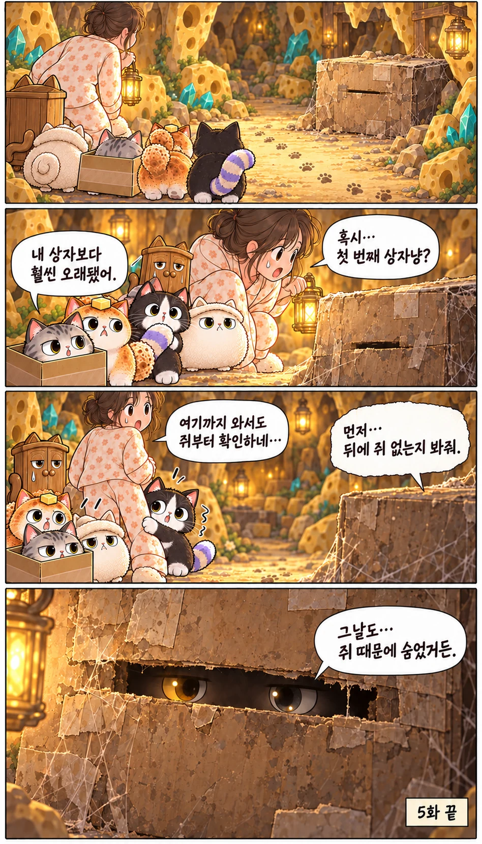 내 상자보다 훨씬 오래됐어. 혹시… 첫 번째 상자냥? 먼저… 뒤에 쥐 없는지 봐줘. 여기까지 와서도 쥐부터 확인하네… 그날도… 쥐 때문에 숨었거든. 5화 끝