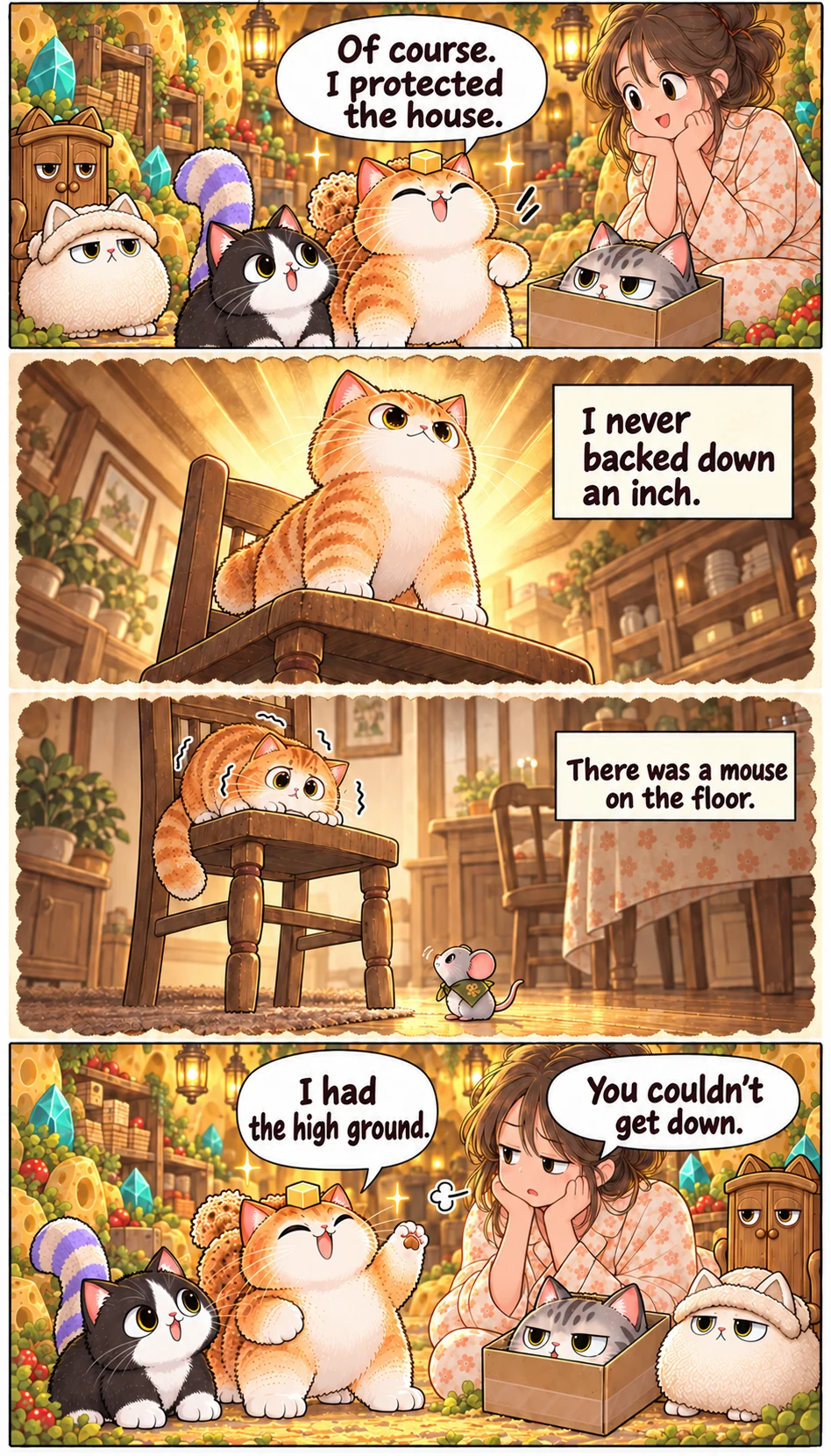 Of course. I protected the house. I never backed down an inch. There was a mouse on the floor. You couldn't get down. I had the high ground.