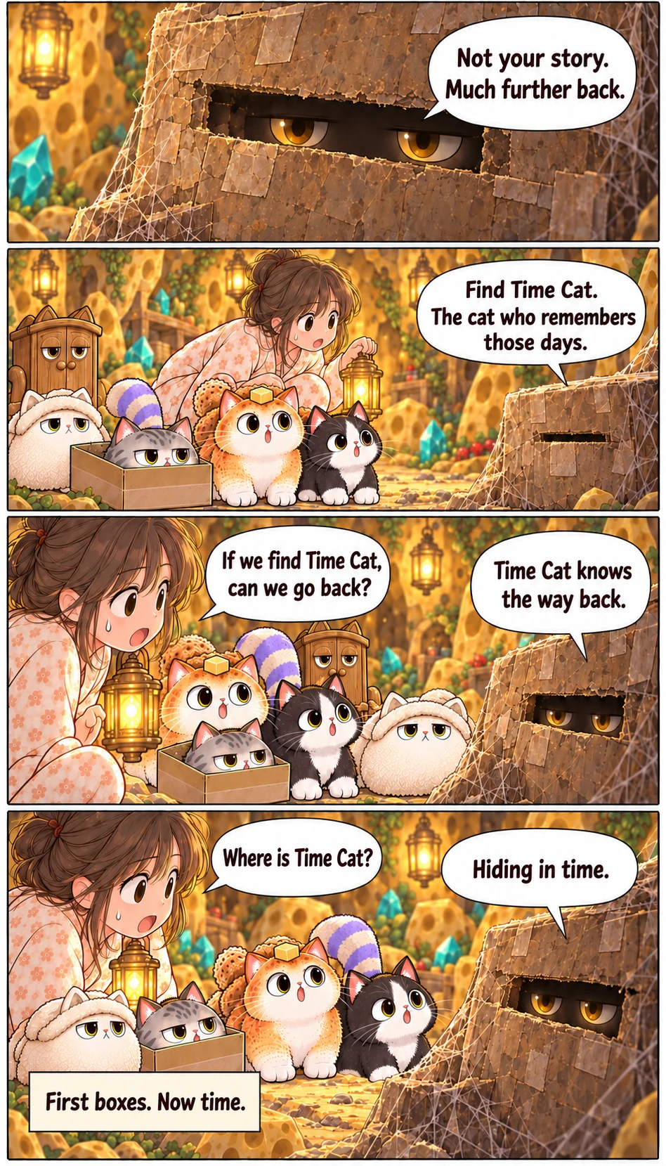 Not your story. Much further back. Find Time Cat. The cat who remembers those days. If we find Time Cat, can we go back? Time Cat knows the way back. Where is Time Cat? Hiding in time. First boxes. Now time.