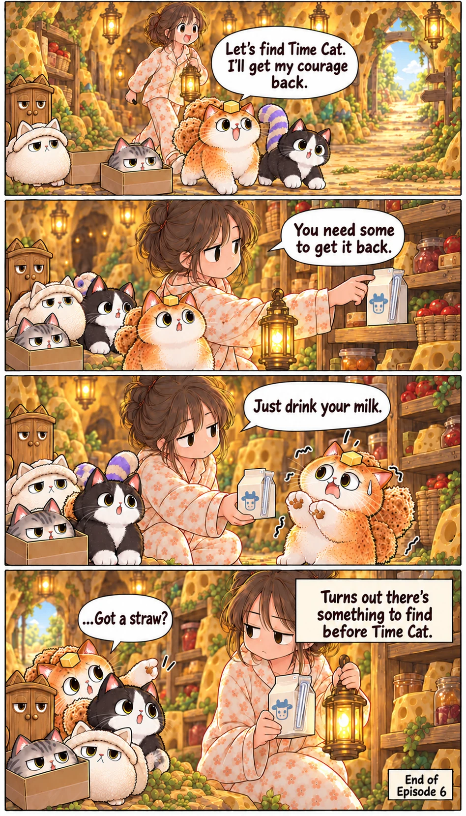 Let's find Time Cat. I'll get my courage back. You need some to get it back. Just drink your milk. ...Got a straw? Turns out there's something to find before Time Cat. End of Episode 6