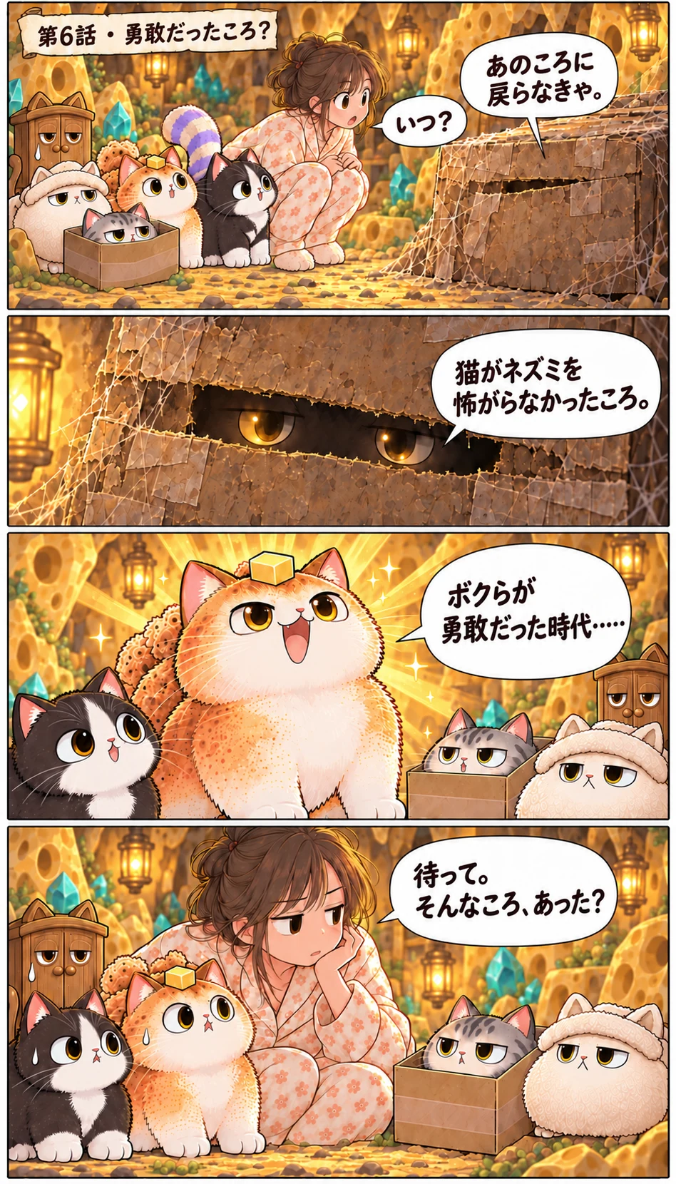 第6話 · 勇敢だったころ？ あのころに戻らなきゃ。 いつ？ 猫がネズミを怖がらなかったころ。 ボクらが勇敢だった時代…… 待って。そんなころ、あった？