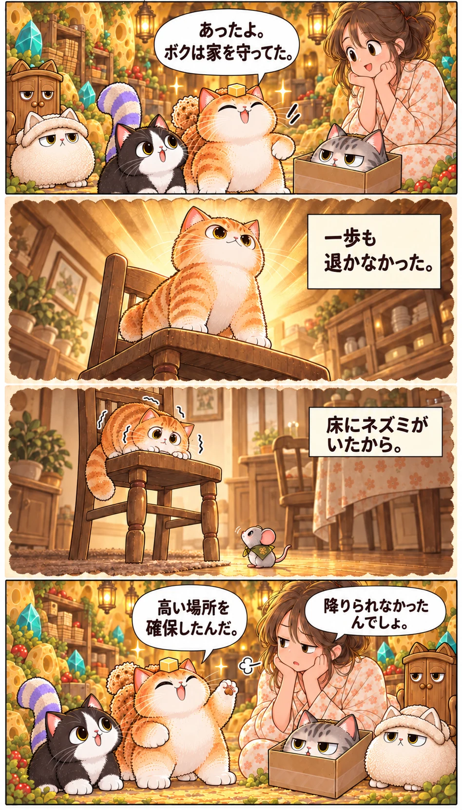 あったよ。ボクは家を守ってた。 一歩も退かなかった。 床にネズミがいたから。 降りられなかったんでしょ。 高い場所を確保したんだ。