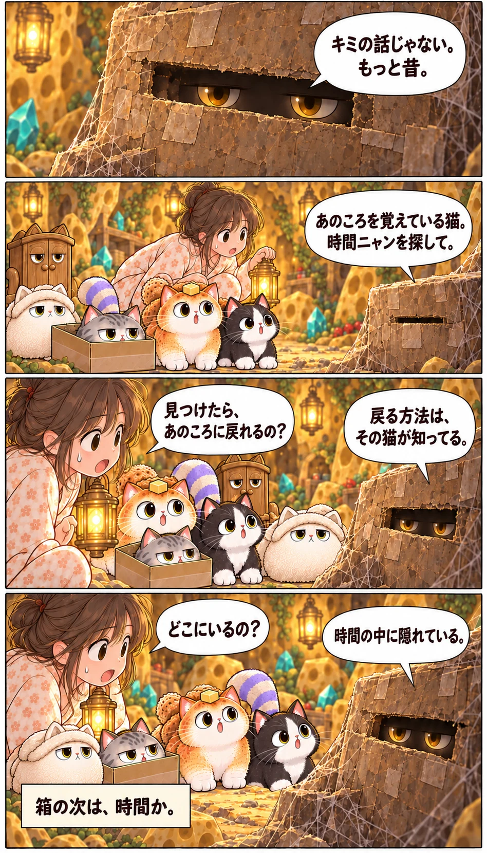 キミの話じゃない。もっと昔。 あのころを覚えている猫。時間ニャンを探して。 見つけたら、あのころに戻れるの？ 戻る方法は、その猫が知ってる。 どこにいるの？ 時間の中に隠れている。 箱の次は、時間か。