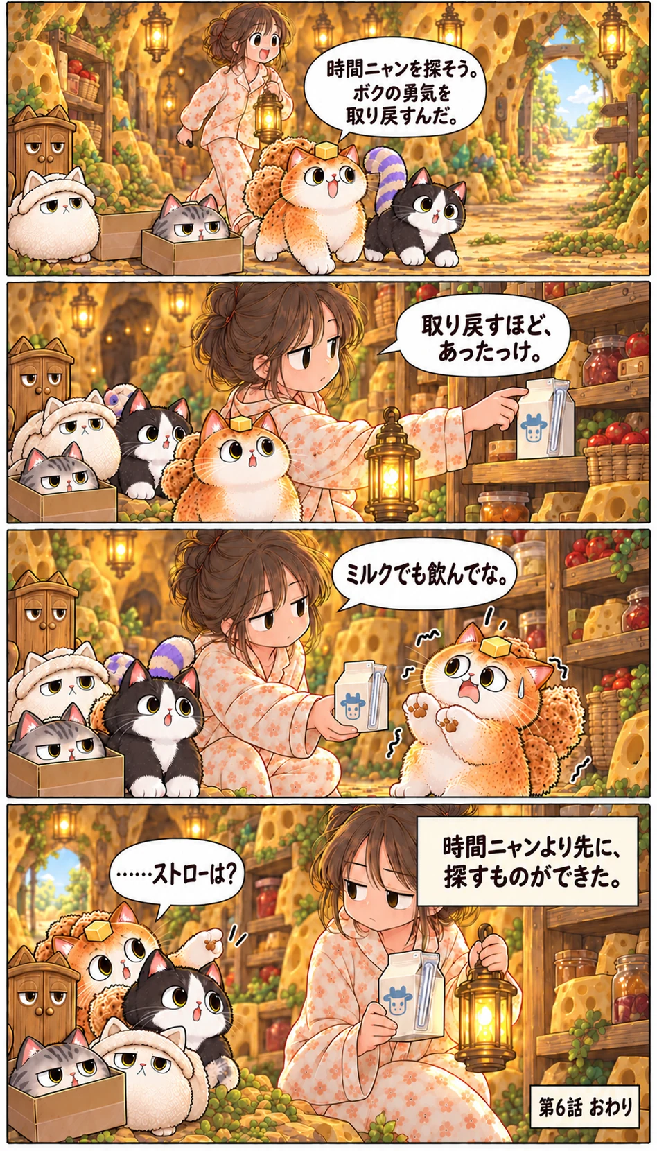 時間ニャンを探そう。ボクの勇気を取り戻すんだ。 取り戻すほど、あったっけ。 ミルクでも飲んでな。 ……ストローは？ 時間ニャンより先に、探すものができた。 第6話 おわり