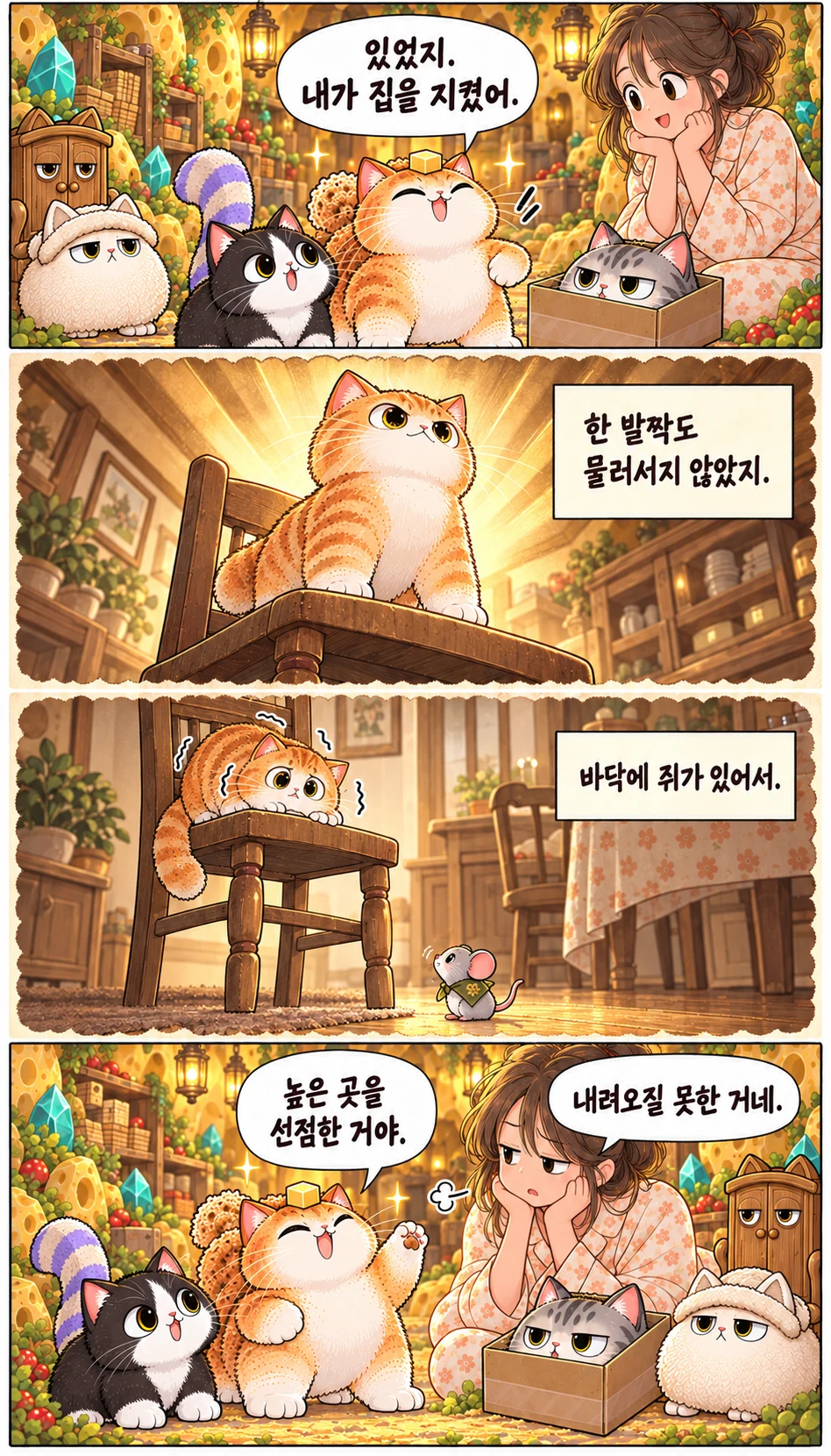 있었지. 내가 집을 지켰어. 한 발짝도 물러서지 않았지. 바닥에 쥐가 있어서. 내려오질 못한 거네. 높은 곳을 선점한 거야.
