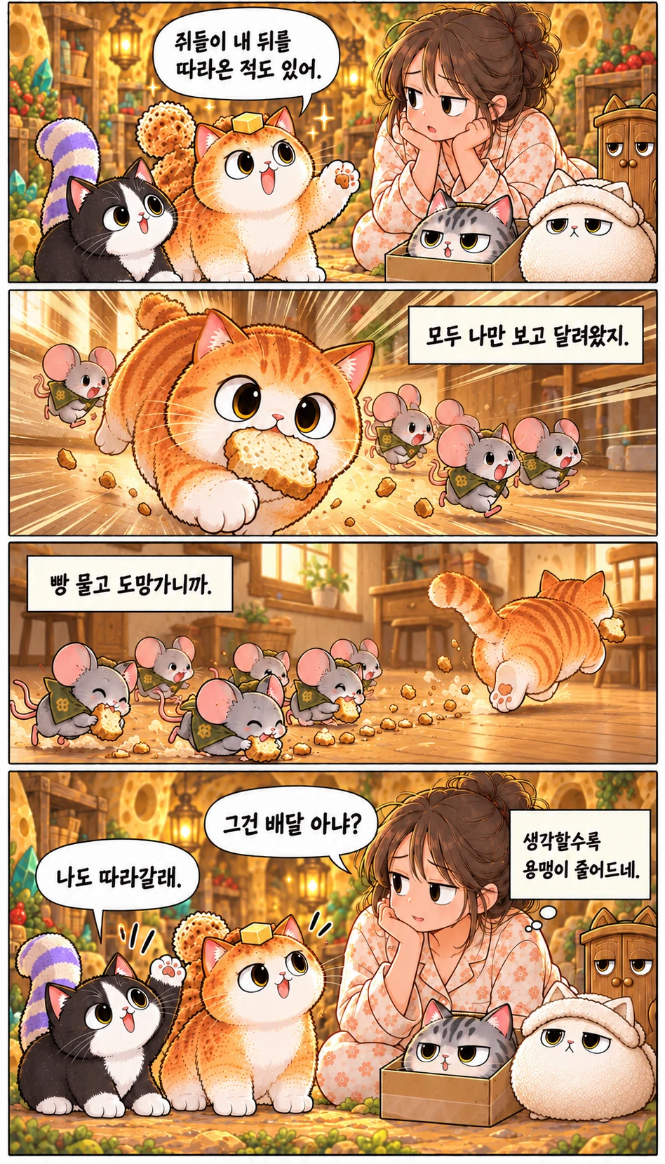 쥐들이 내 뒤를 따라온 적도 있어. 모두 나만 보고 달려왔지. 빵 물고 도망가니까. 그건 배달 아냐? 나도 따라갈래. 생각할수록 용맹이 줄어드네.