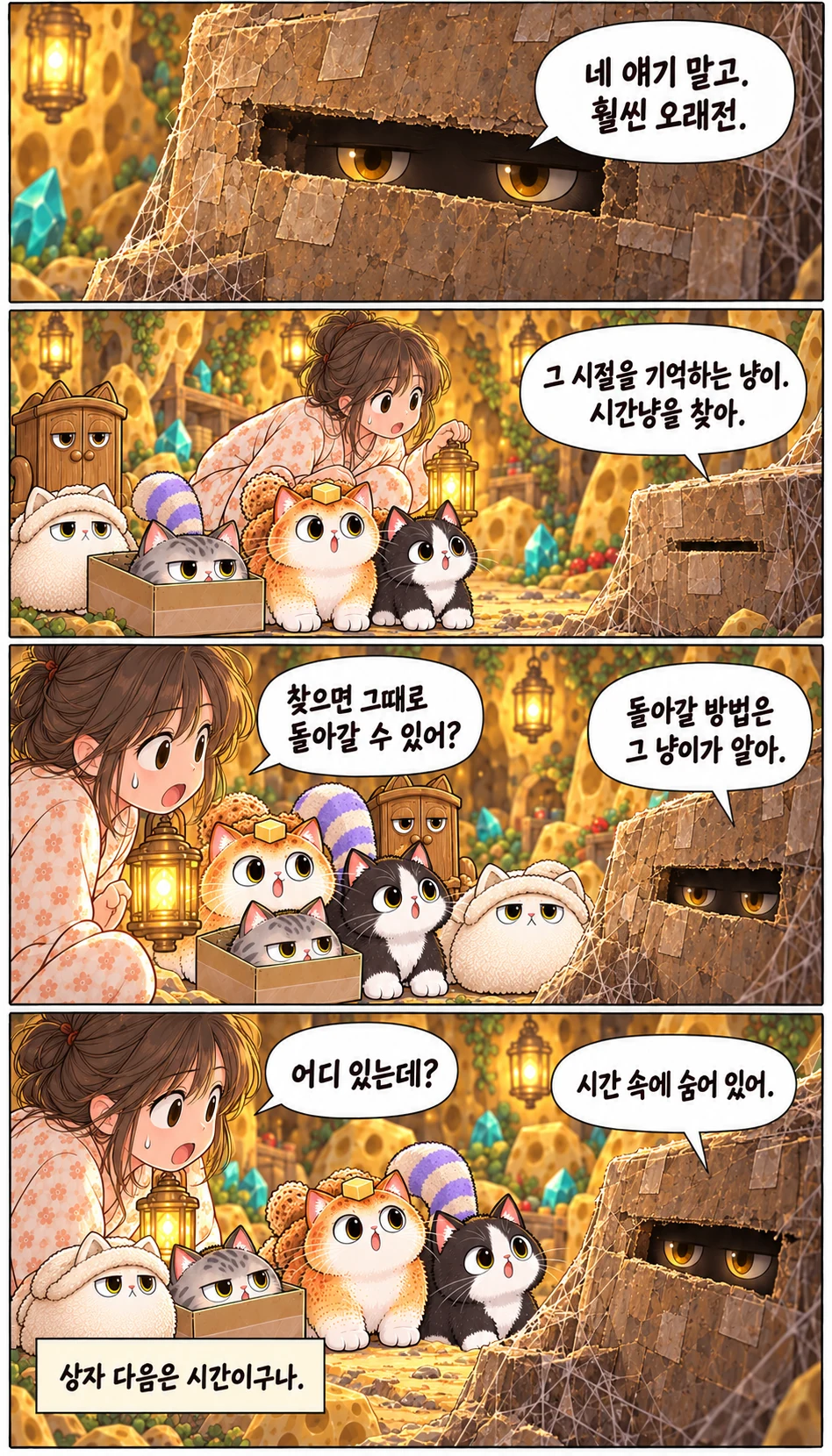 네 얘기 말고. 훨씬 오래전. 그 시절을 기억하는 냥이. 시간냥을 찾아. 찾으면 그때로 돌아갈 수 있어? 돌아갈 방법은 그 냥이가 알아. 어디 있는데? 시간 속에 숨어 있어. 상자 다음은 시간이구나.