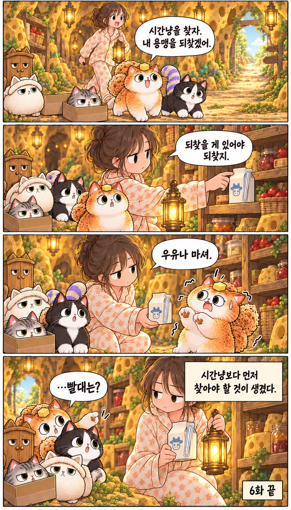 시간냥을 찾자. 내 용맹을 되찾겠어. 되찾을 게 있어야 되찾지. 우유나 마셔. …빨대는? 시간냥보다 먼저 찾아야 할 것이 생겼다. 6화 끝