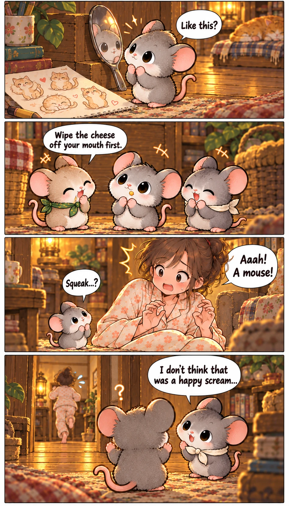 Like this? Wipe the cheese off your mouth first. Squeak...? Aaah! A mouse! I don't think that was a happy scream...