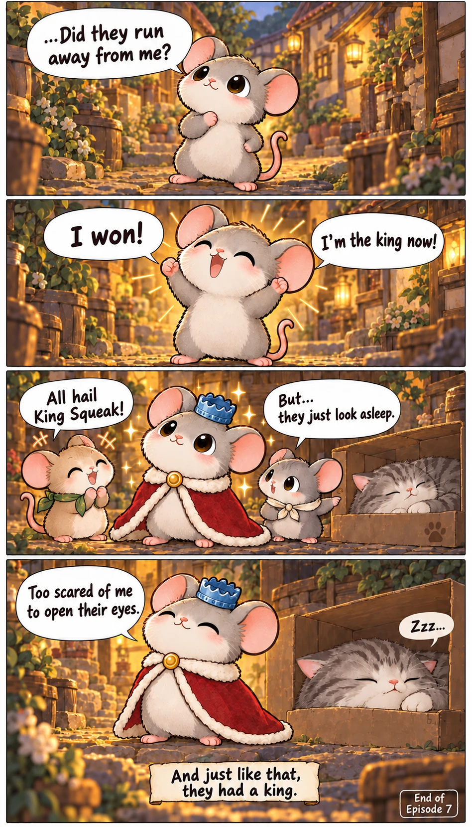 ...Did they run away from me? I won! I'm the king now! All hail King Squeak! But... they just look asleep. Too scared of me to open their eyes. Zzz... And just like that, they had a king. End of Episode 7