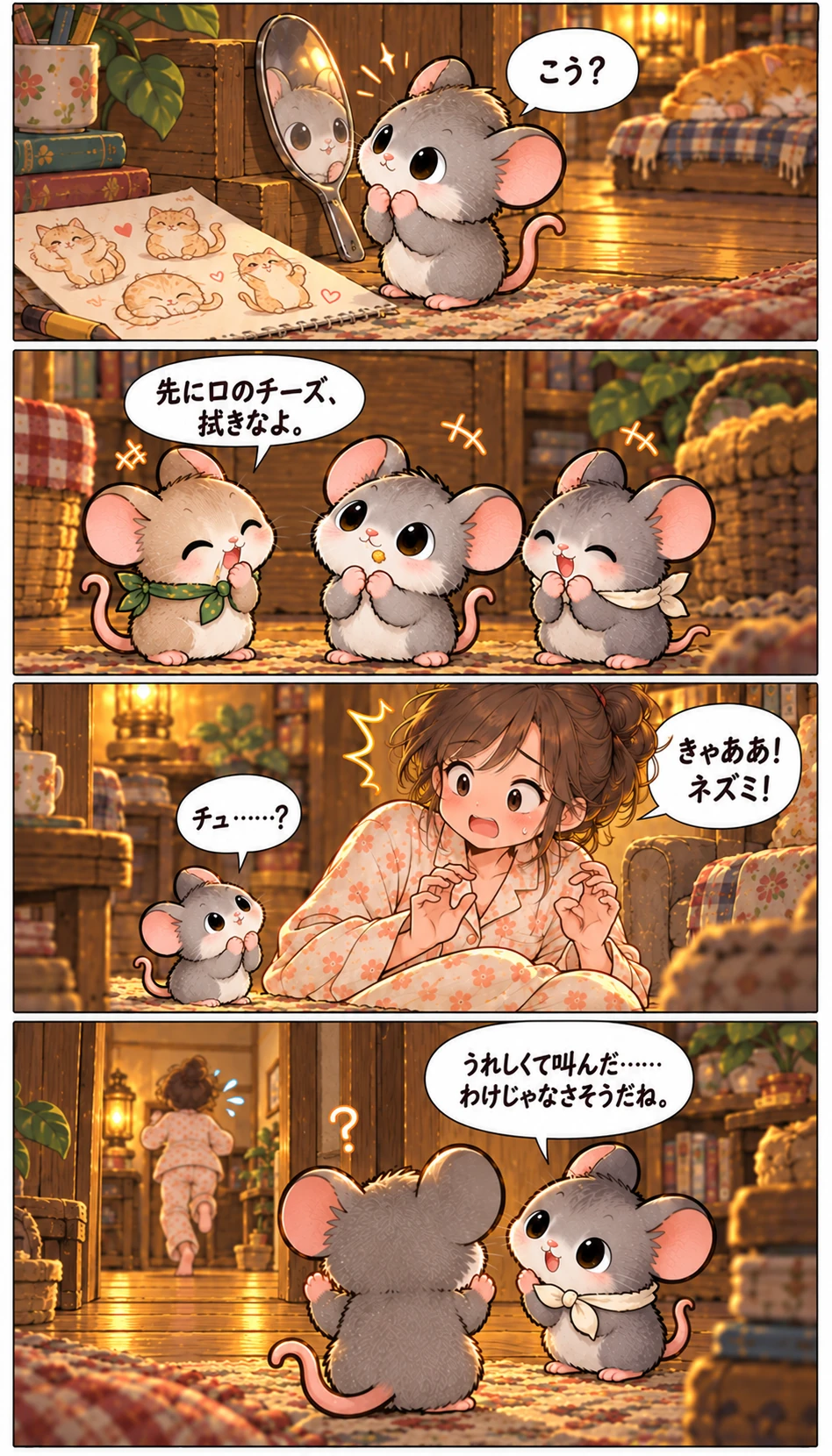 こう？ 先に口のチーズ、拭きなよ。 チュ……？ きゃああ！ネズミ！ うれしくて叫んだ……わけじゃなさそうだね。