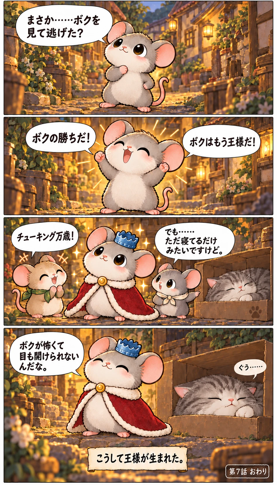 まさか……ボクを見て逃げた？ ボクの勝ちだ！ ボクはもう王様だ！ チューキング万歳！ でも……ただ寝てるだけみたいですけど。 ボクが怖くて目も開けられないんだな。 ぐう…… こうして王様が生まれた。 第7話 おわり