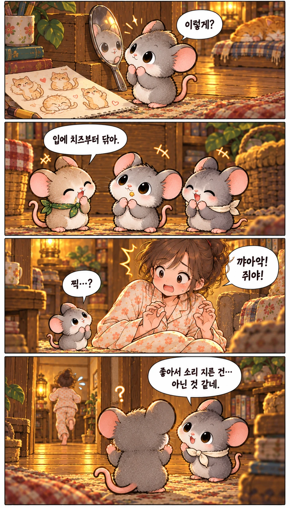 이렇게? 입에 치즈부터 닦아. 찍…? 꺄아악! 쥐야! 좋아서 소리 지른 건… 아닌 것 같네.