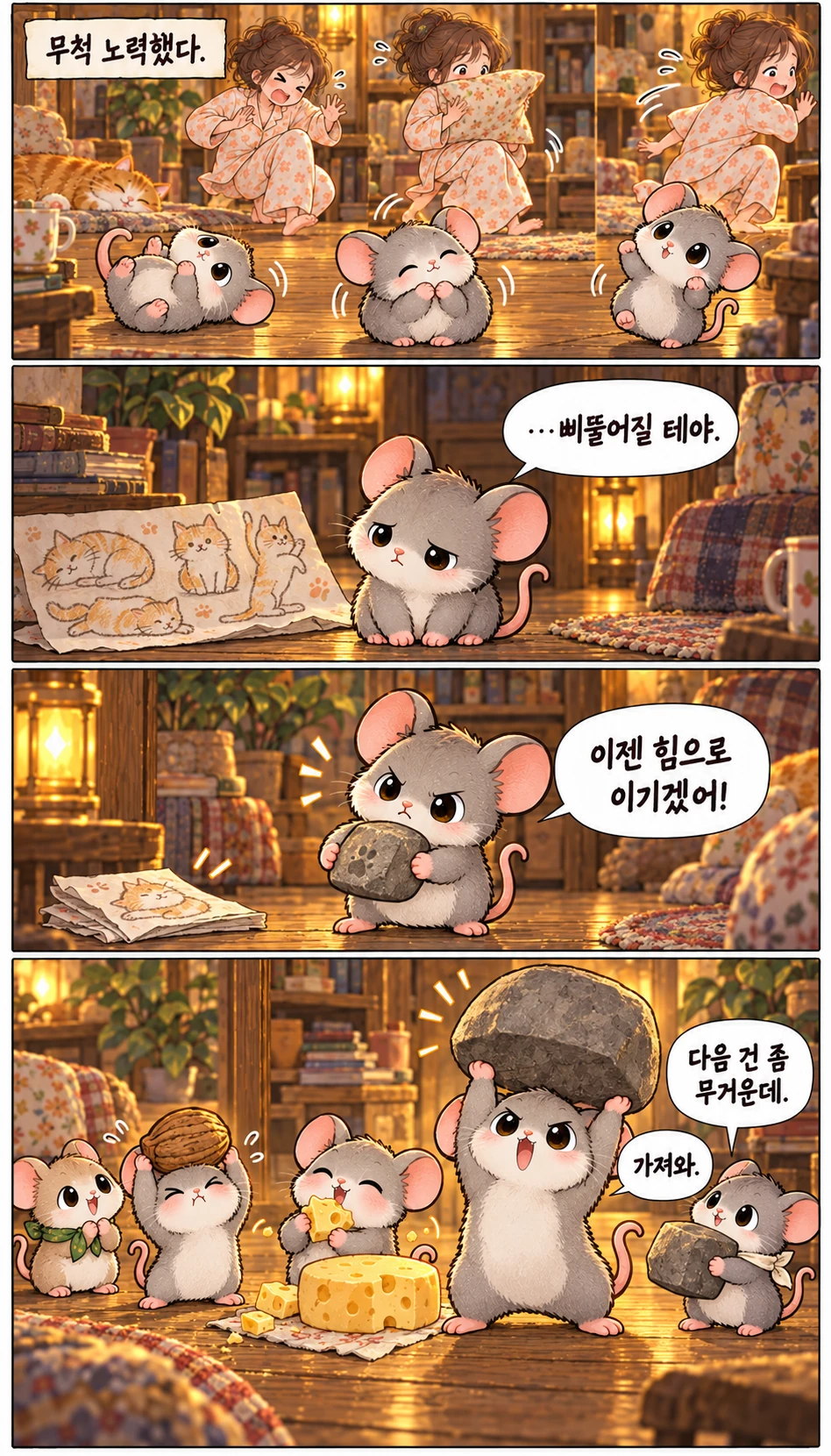 무척 노력했다. …삐뚤어질 테야. 이젠 힘으로 이기겠어! 다음 건 좀 무거운데. 가져와.