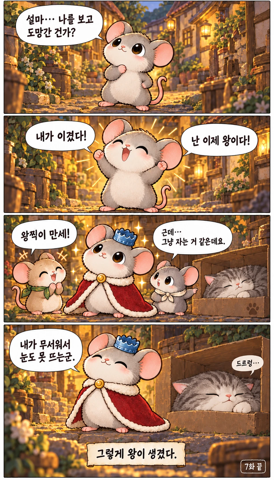 설마… 나를 보고 도망간 건가? 내가 이겼다! 난 이제 왕이다! 왕찍이 만세! 근데… 그냥 자는 거 같은데요. 내가 무서워서 눈도 못 뜨는군. 드르렁… 그렇게 왕이 생겼다. 7화 끝