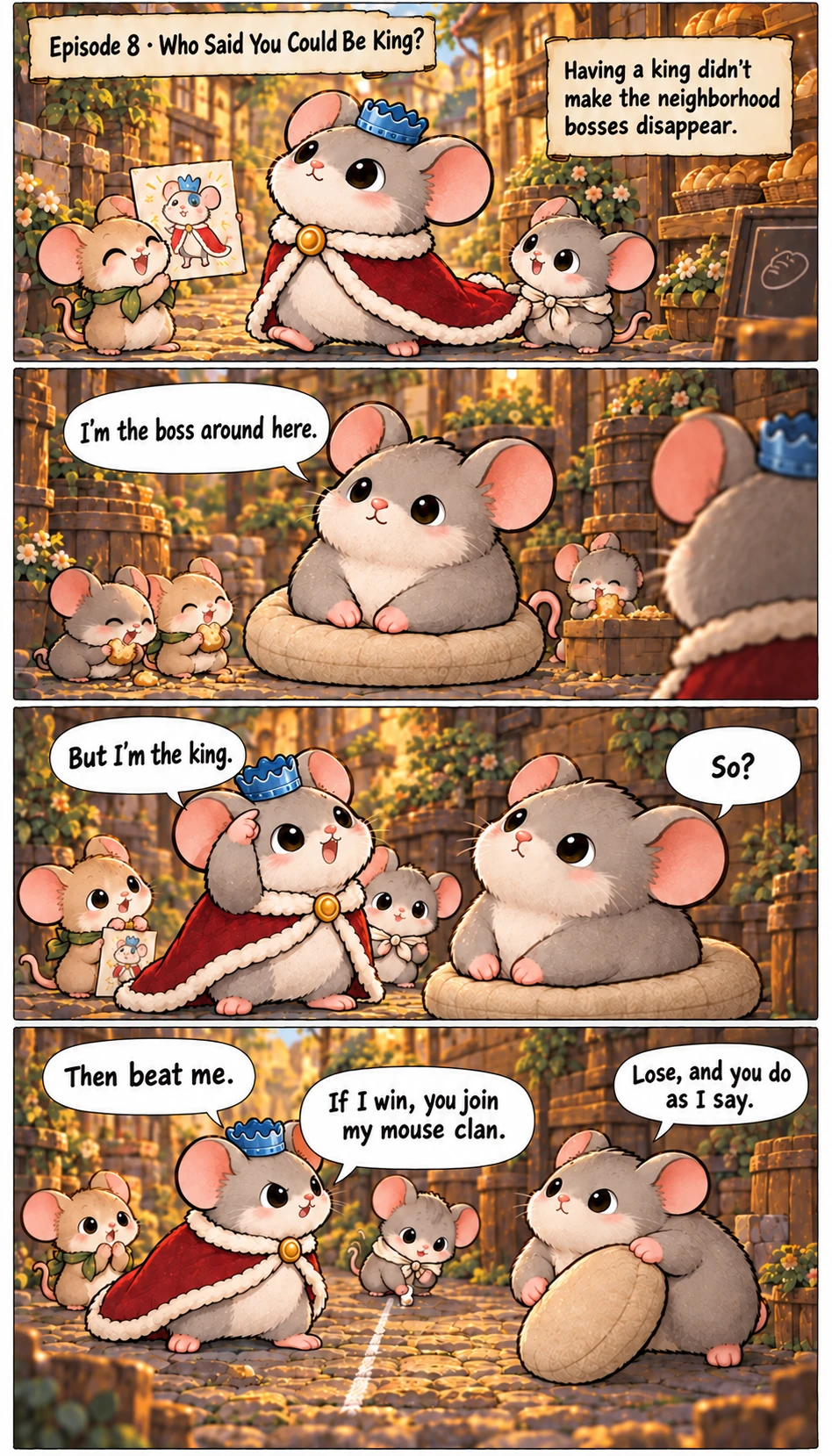 Episode 8 · Who Said You Could Be King? Having a king didn’t make the neighborhood bosses disappear. I’m the boss around here. But I’m the king. So? Then beat me. Lose, and you do as I say. If I win, you join my mouse clan.