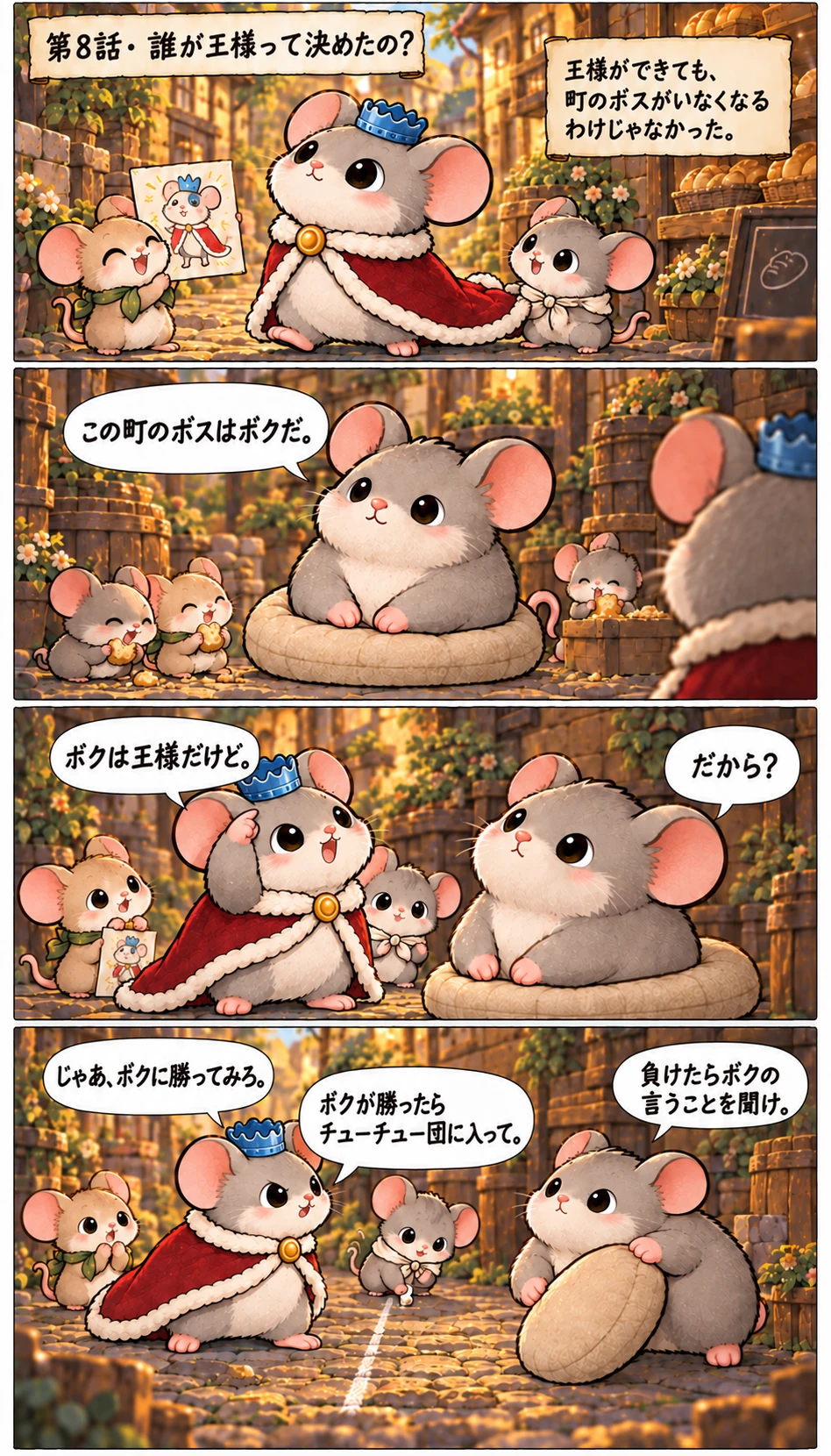 第8話 · 誰が王様って決めたの？ 王様ができても、町のボスがいなくなるわけじゃなかった。 この町のボスはボクだ。 ボクは王様だけど。 だから？ じゃあ、ボクに勝ってみろ。 負けたらボクの言うことを聞け。 ボクが勝ったらチューチュー団に入って。