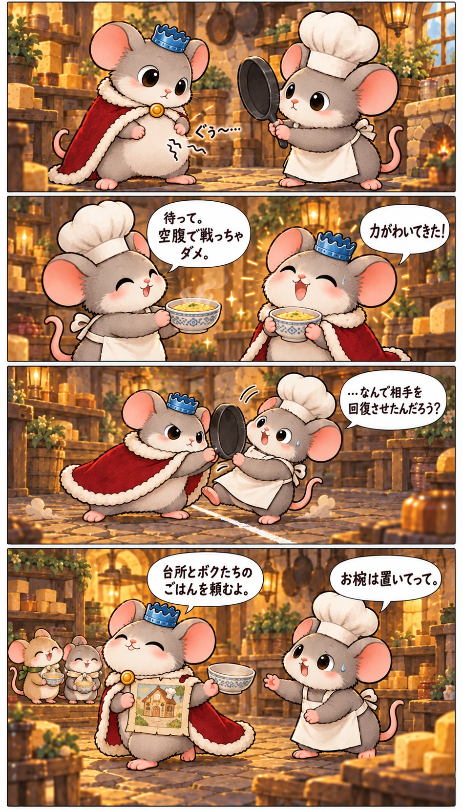 ぐぅ〜… 待って。空腹で戦っちゃダメ。 力がわいてきた！ …なんで相手を回復させたんだろう？ 台所とボクたちのごはんを頼むよ。 お椀は置いてって。
