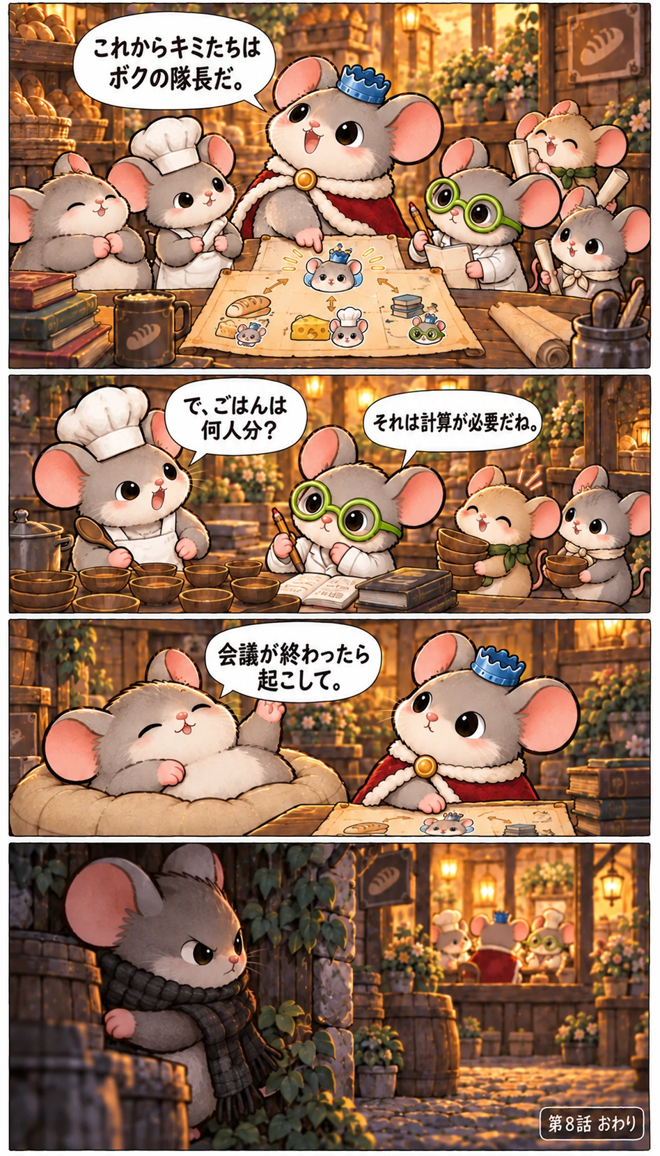 これからキミたちはボクの隊長だ。 で、ごはんは何人分？ それは計算が必要だね。 会議が終わったら起こして。 第8話 おわり