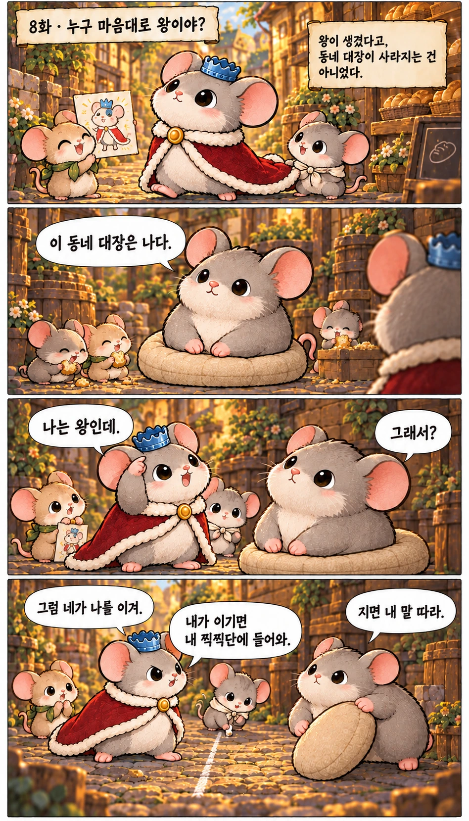 누구 마음대로 왕이야? 왕이 생겼다고, 동네 대장이 사라지는 건 아니었다. 이 동네 대장은 나다. 나는 왕인데. 그래서? 그럼 네가 나를 이겨. 지면 내 말 따라. 내가 이기면 내 찍찍단에 들어와.