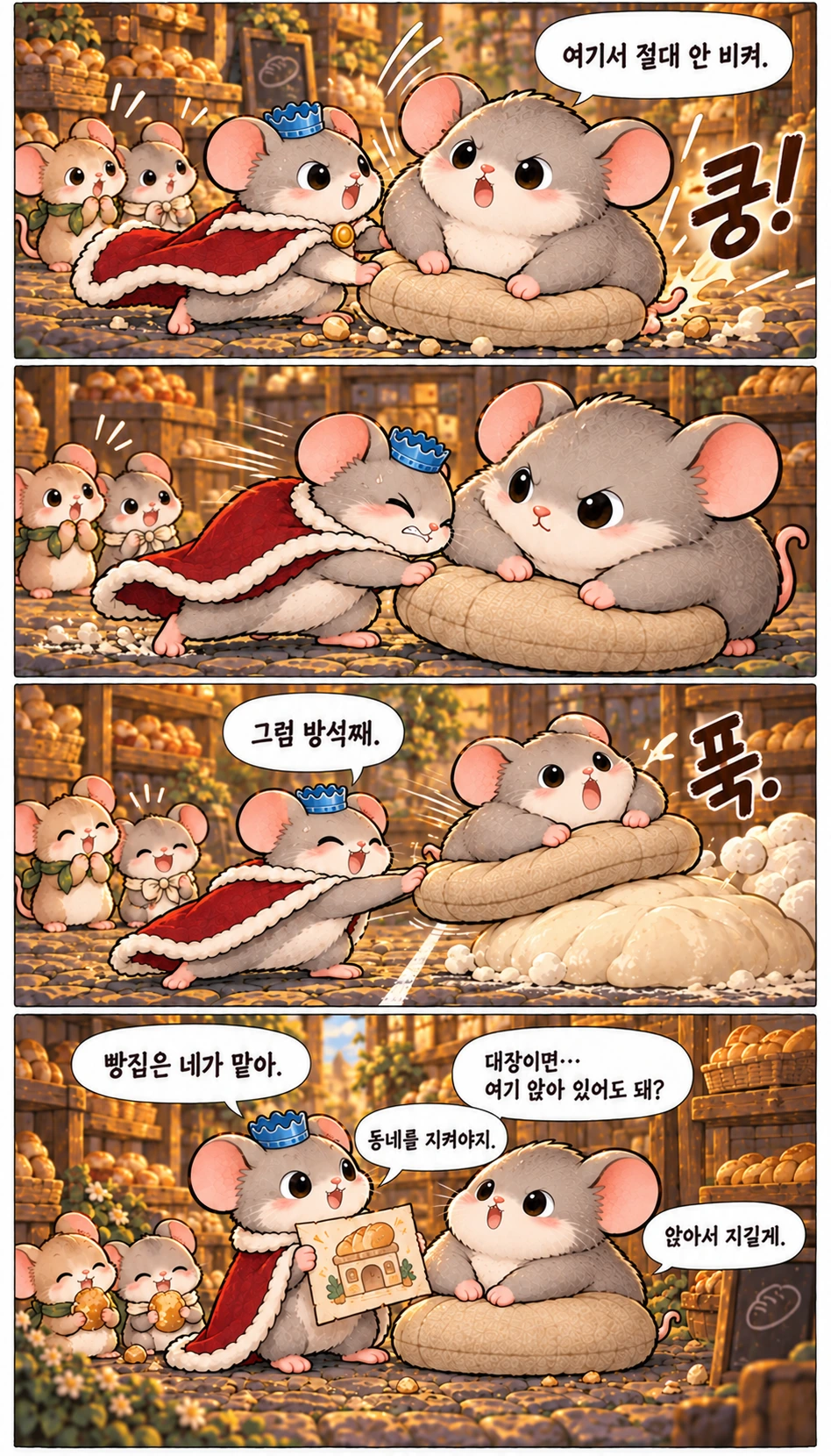 여기서 절대 안 비켜. 쿵! 그럼 방석째. 푹. 빵집은 네가 맡아. 대장이면… 여기 앉아 있어도 돼? 동네를 지켜야지. 앉아서 지킬게.