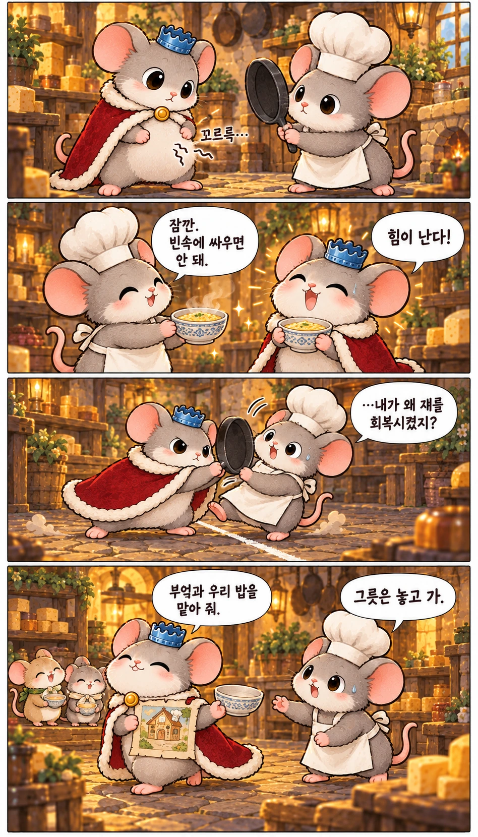 꼬르륵… 잠깐. 빈속에 싸우면 안 돼. 힘이 난다! …내가 왜 쟤를 회복시켰지? 부엌과 우리 밥을 맡아 줘. 그릇은 놓고 가.