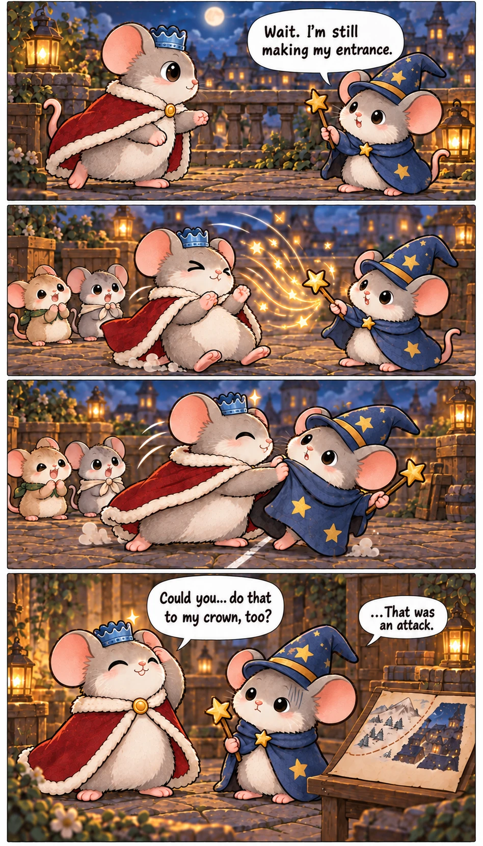 Wait. I’m still making my entrance. Could you… do that to my crown, too? …That was an attack.