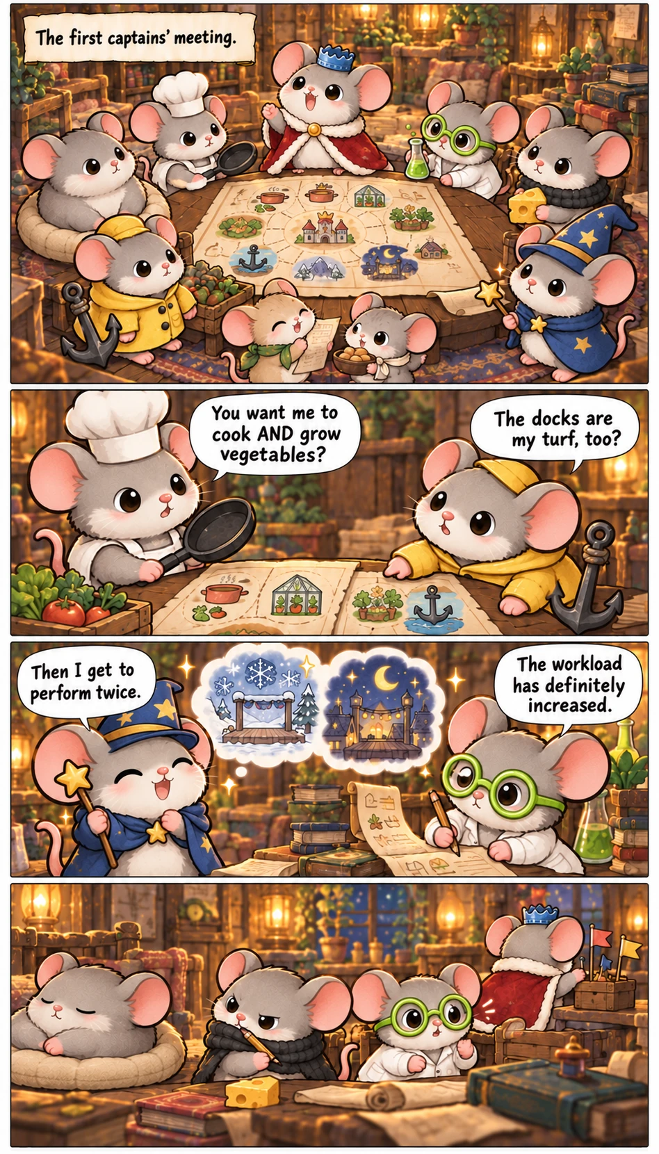 The first captains’ meeting. You want me to cook AND grow vegetables? The docks are my turf, too? Then I get to perform twice. The workload has definitely increased.