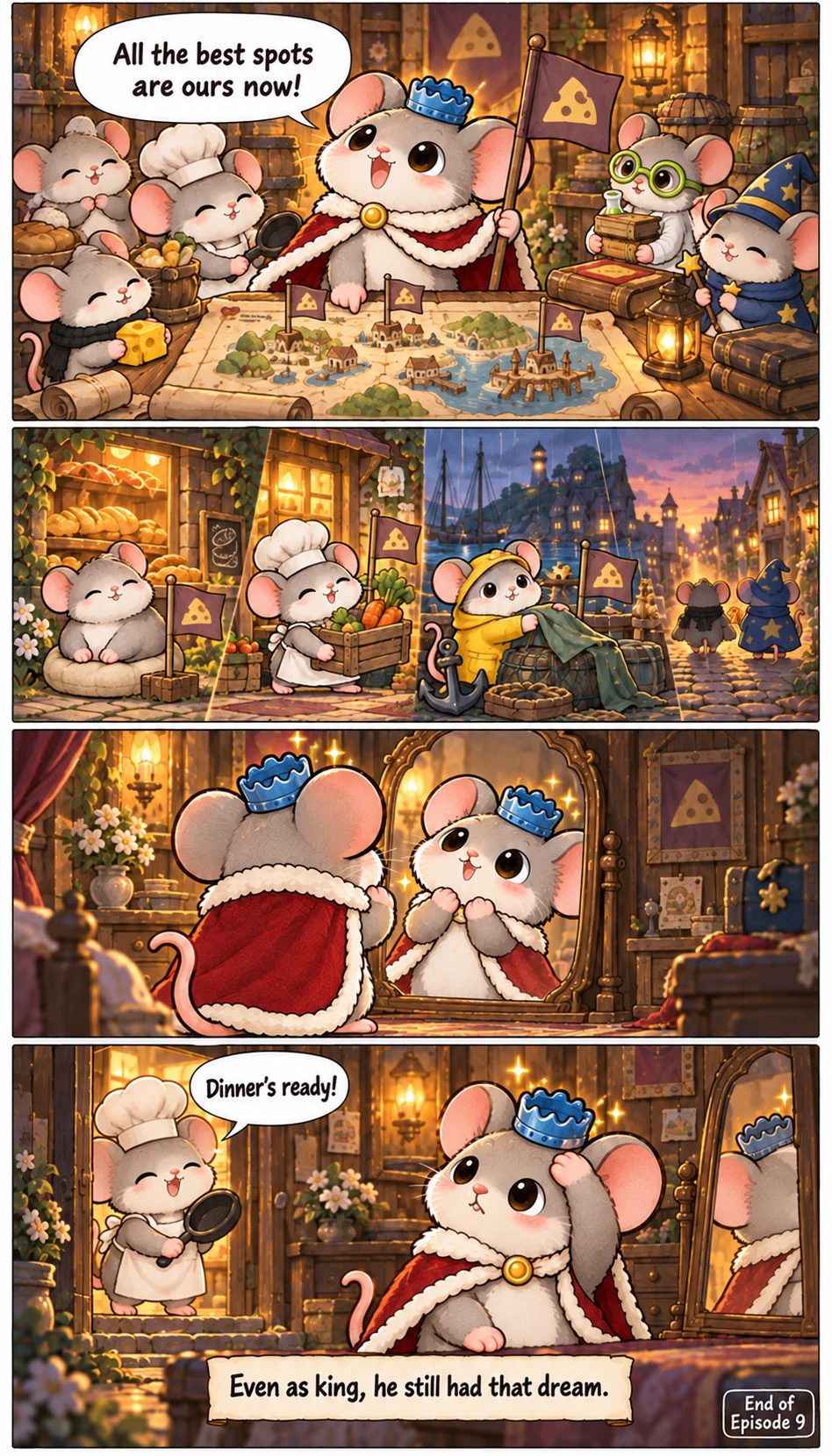 All the best spots are ours now! Dinner’s ready! Even as king, he still had that dream. End of Episode 9