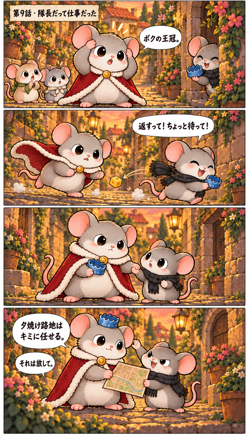 第9話 · 隊長だって仕事だった ボクの王冠。 返すって！ちょっと待って！ 夕焼け路地はキミに任せる。 それは放して。