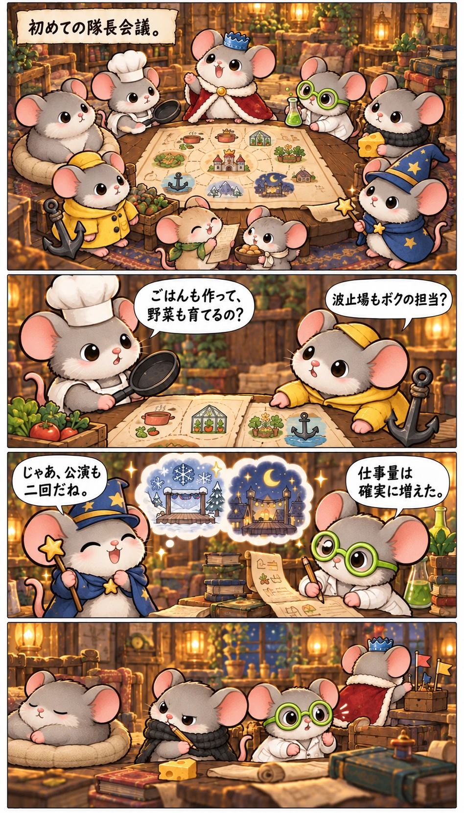 初めての隊長会議。 ごはんも作って、野菜も育てるの？ 波止場もボクの担当？ じゃあ、公演も二回だね。 仕事量は確実に増えた。