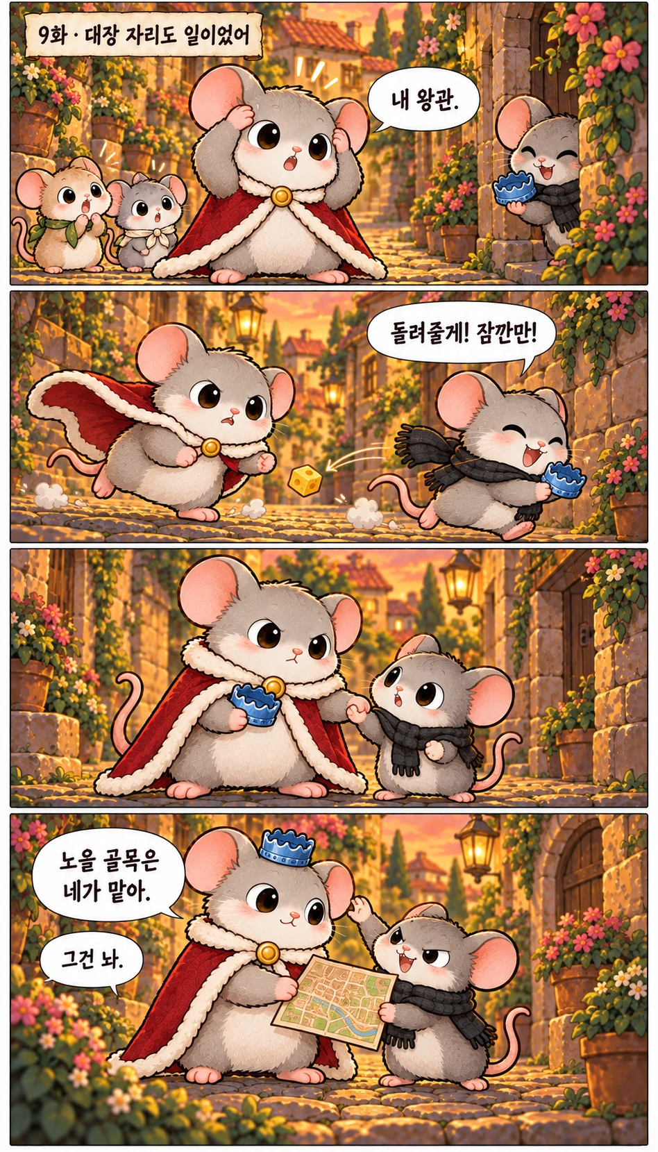 대장 자리도 일이었어 내 왕관. 돌려줄게! 잠깐만! 노을 골목은 네가 맡아. 그건 놔.