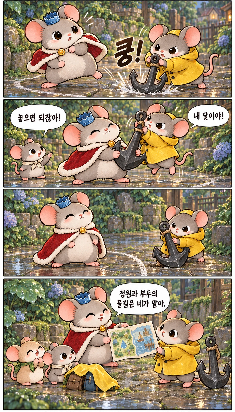쿵! 놓으면 되잖아! 내 닻이야! 정원과 부두의 물길은 네가 맡아.
