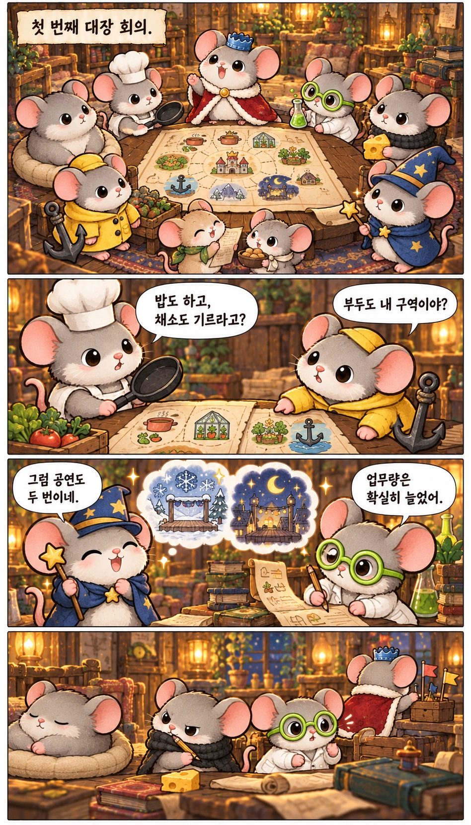 첫 번째 대장 회의. 밥도 하고, 채소도 기르라고? 부두도 내 구역이야? 그럼 공연도 두 번이네. 업무량은 확실히 늘었어.