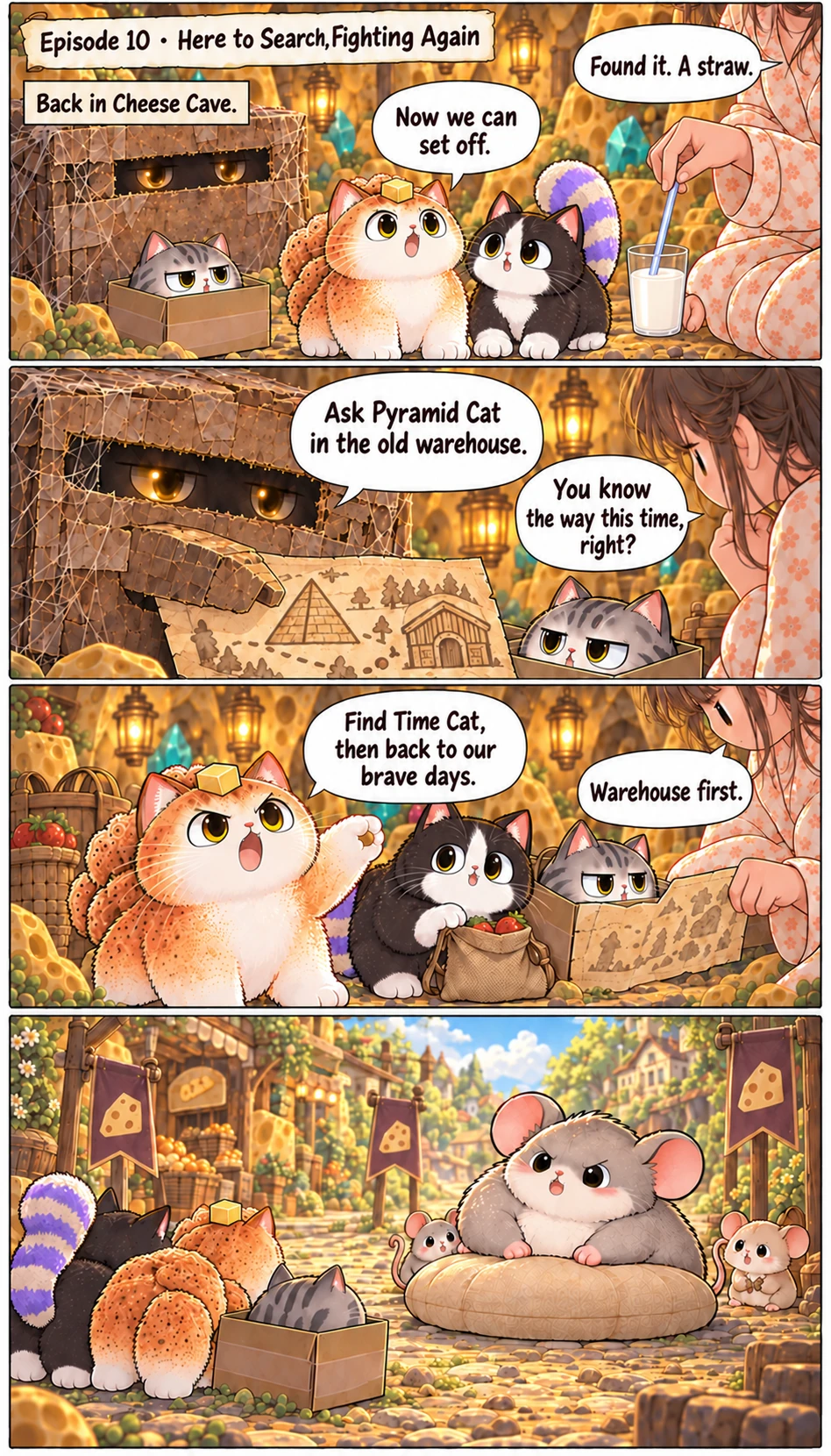Episode 10 · Here to Search, Fighting Again Back in Cheese Cave. Found it. A straw. Now we can set off. Ask Pyramid Cat in the old warehouse. You know the way this time, right? Find Time Cat, then back to our brave days. Warehouse first.