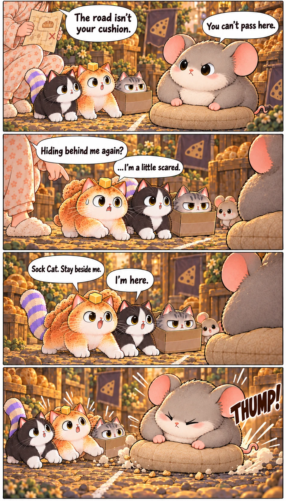 You can’t pass here. The road isn’t your cushion. Hiding behind me again? …I’m a little scared. Sock Cat. Stay beside me. I’m here. THUMP!
