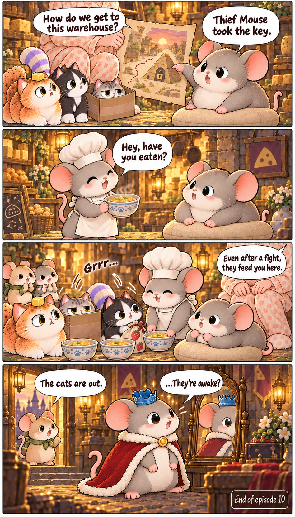 How do we get to this warehouse? Thief Mouse took the key. Hey, have you eaten? Grrr… Even after a fight, they feed you here. The cats are out. …They’re awake? End of episode 10