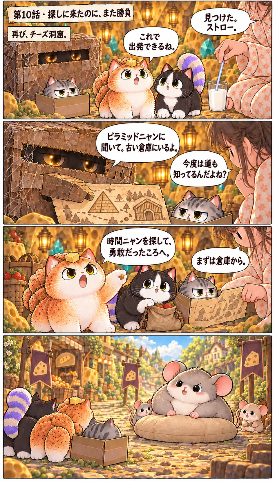 第10話 · 探しに来たのに、また勝負 再び、チーズ洞窟。 見つけた。ストロー。 これで出発できるね。 ピラミッドニャンに聞いて。古い倉庫にいるよ。 今度は道も知ってるんだよね? 時間ニャンを探して、勇敢だったころへ。 まずは倉庫から。