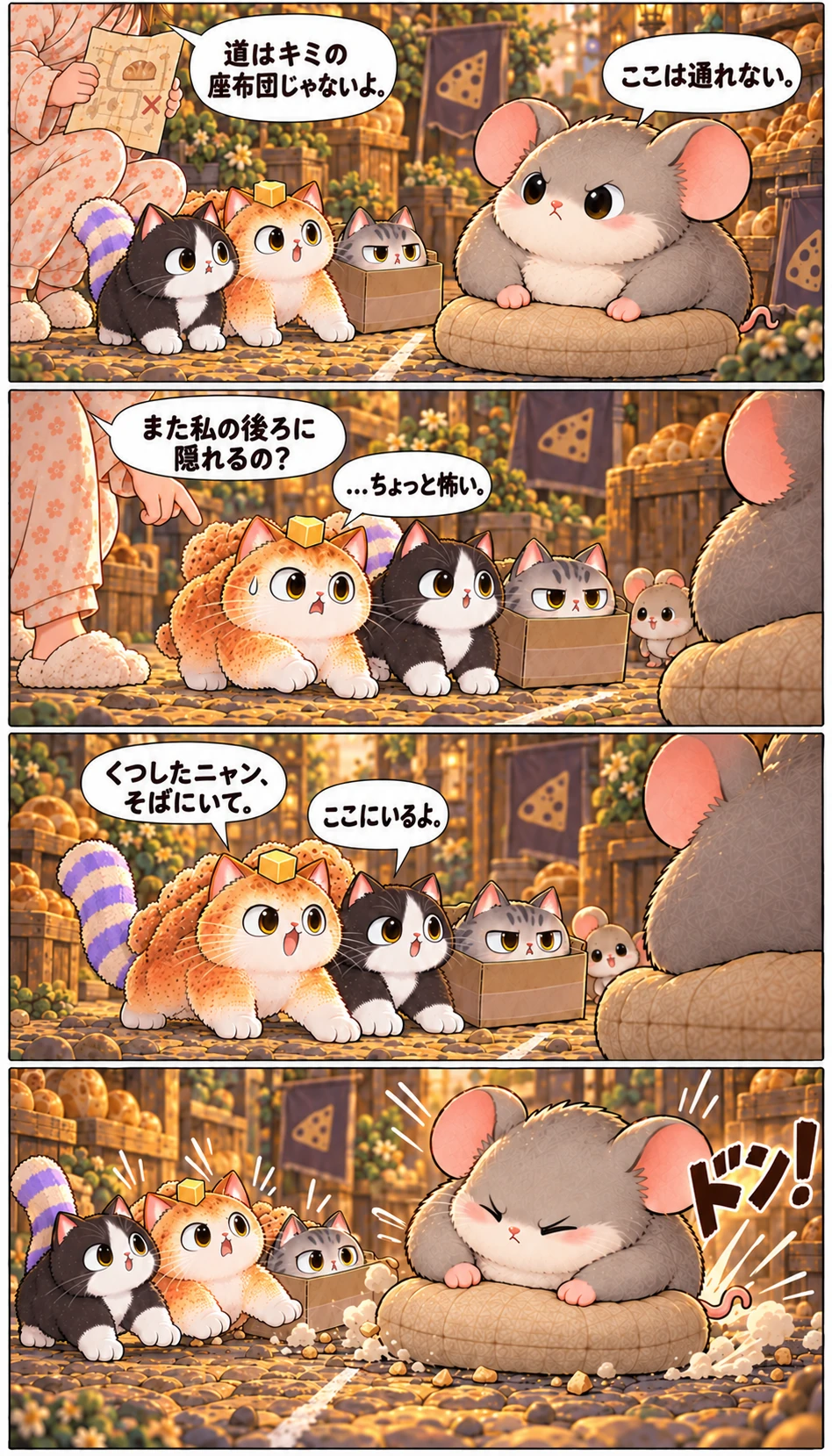ここは通れない。 道はキミの座布団じゃないよ。 また私の後ろに隠れるの? …ちょっと怖い。 くつしたニャン、そばにいて。 ここにいるよ。 ドン!