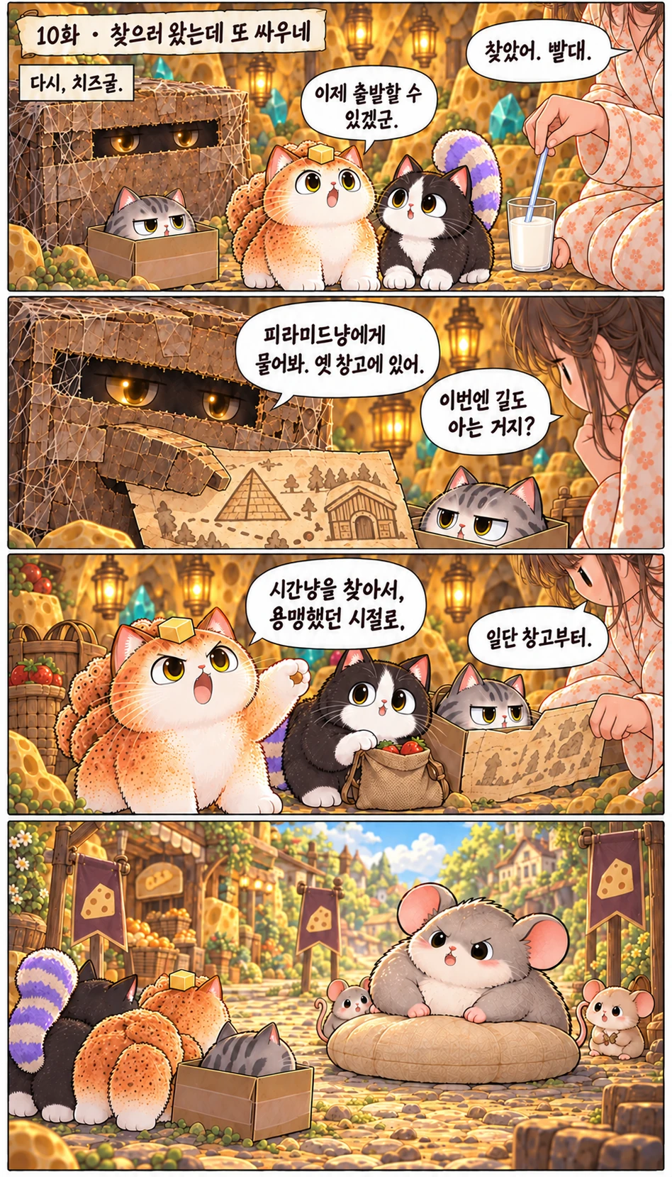 10화 · 찾으러 왔는데 또 싸우네 다시, 치즈굴. 찾았어. 빨대. 이제 출발할 수 있겠군. 피라미드냥에게 물어봐. 옛 창고에 있어. 이번엔 길도 아는 거지? 시간냥을 찾아서, 용맹했던 시절로. 일단 창고부터.