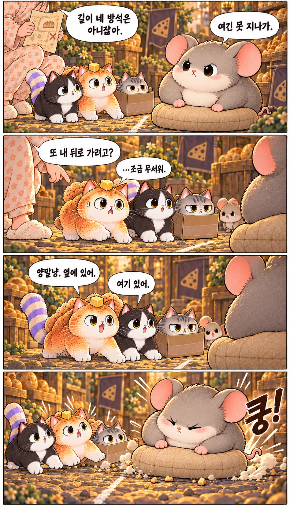 여긴 못 지나가. 길이 네 방석은 아니잖아. 또 내 뒤로 가려고? …조금 무서워. 양말냥. 옆에 있어. 여기 있어. 쿵!