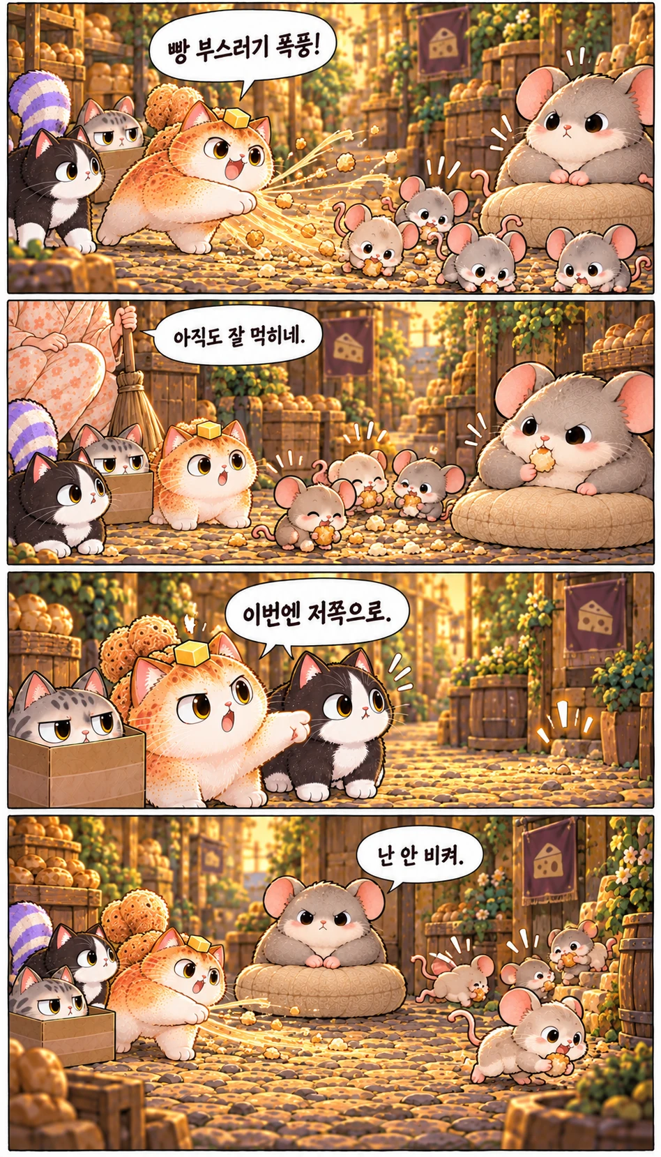 빵 부스러기 폭풍! 아직도 잘 먹히네. 이번엔 저쪽으로. 난 안 비켜.