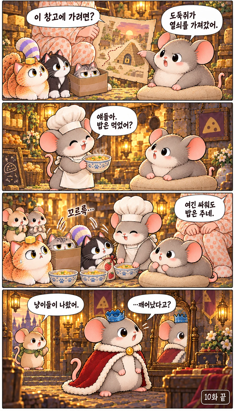 이 창고에 가려면? 도둑쥐가 열쇠를 가져갔어. 얘들아. 밥은 먹었어? 꼬르륵… 여긴 싸워도 밥은 주네. 냥이들이 나왔어. …깨어났다고? 10화 끝
