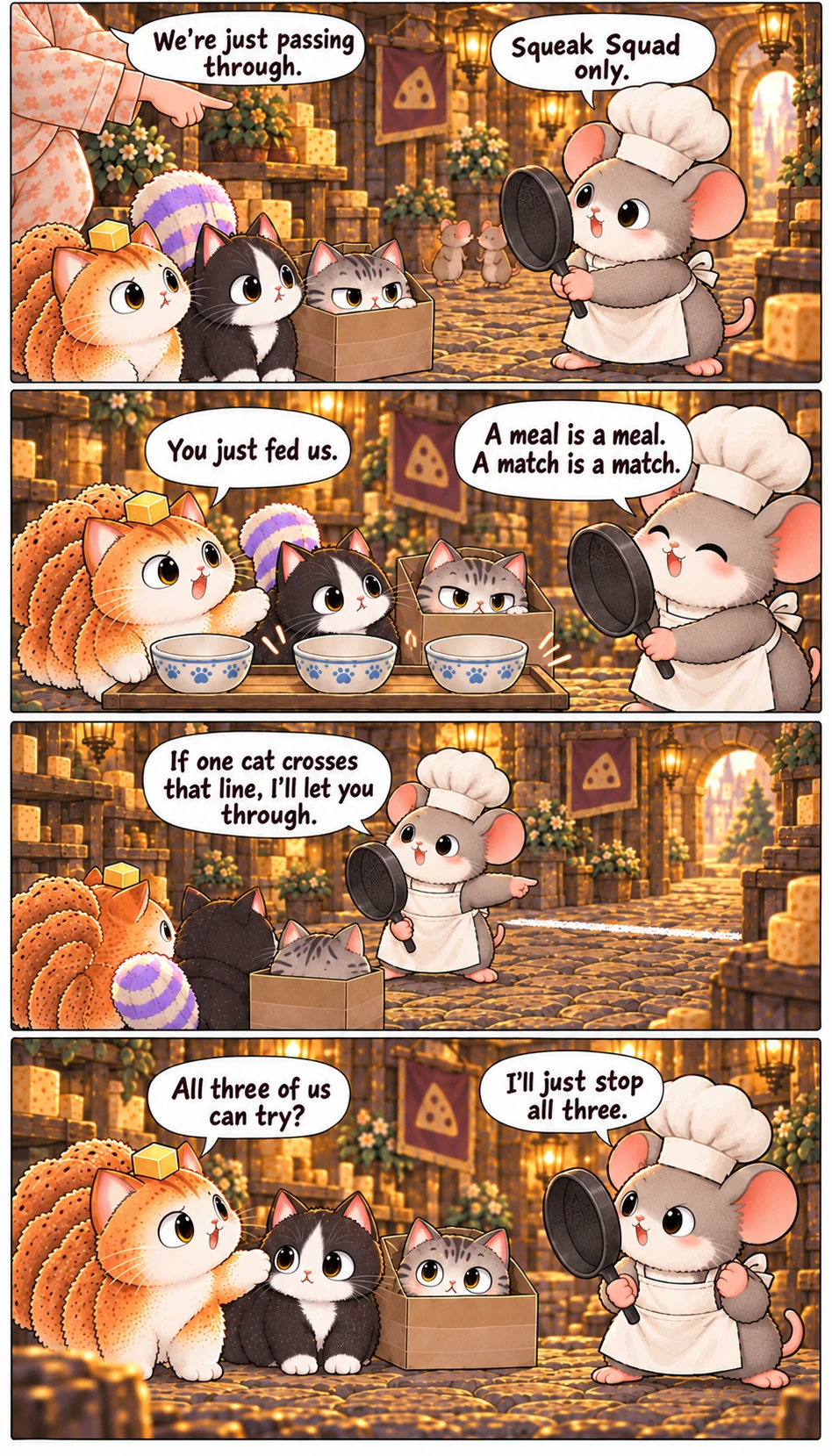 We’re just passing through. Squeak Squad only. You just fed us. A meal is a meal. A match is a match. If one cat crosses that line, I’ll let you through. All three of us can try? I’ll just stop all three.