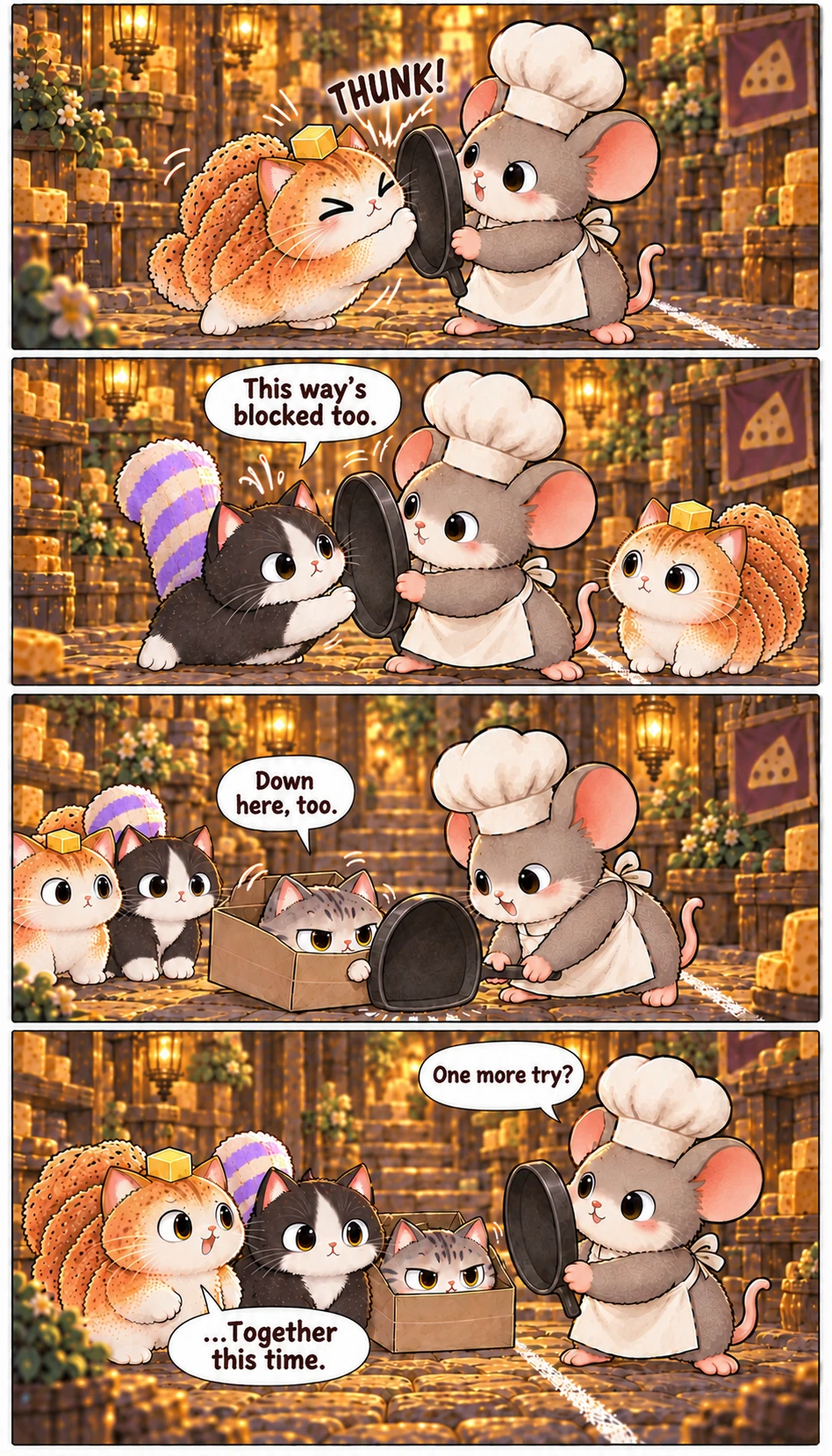 THUNK! This way’s blocked too. Down here, too. One more try? …Together this time.